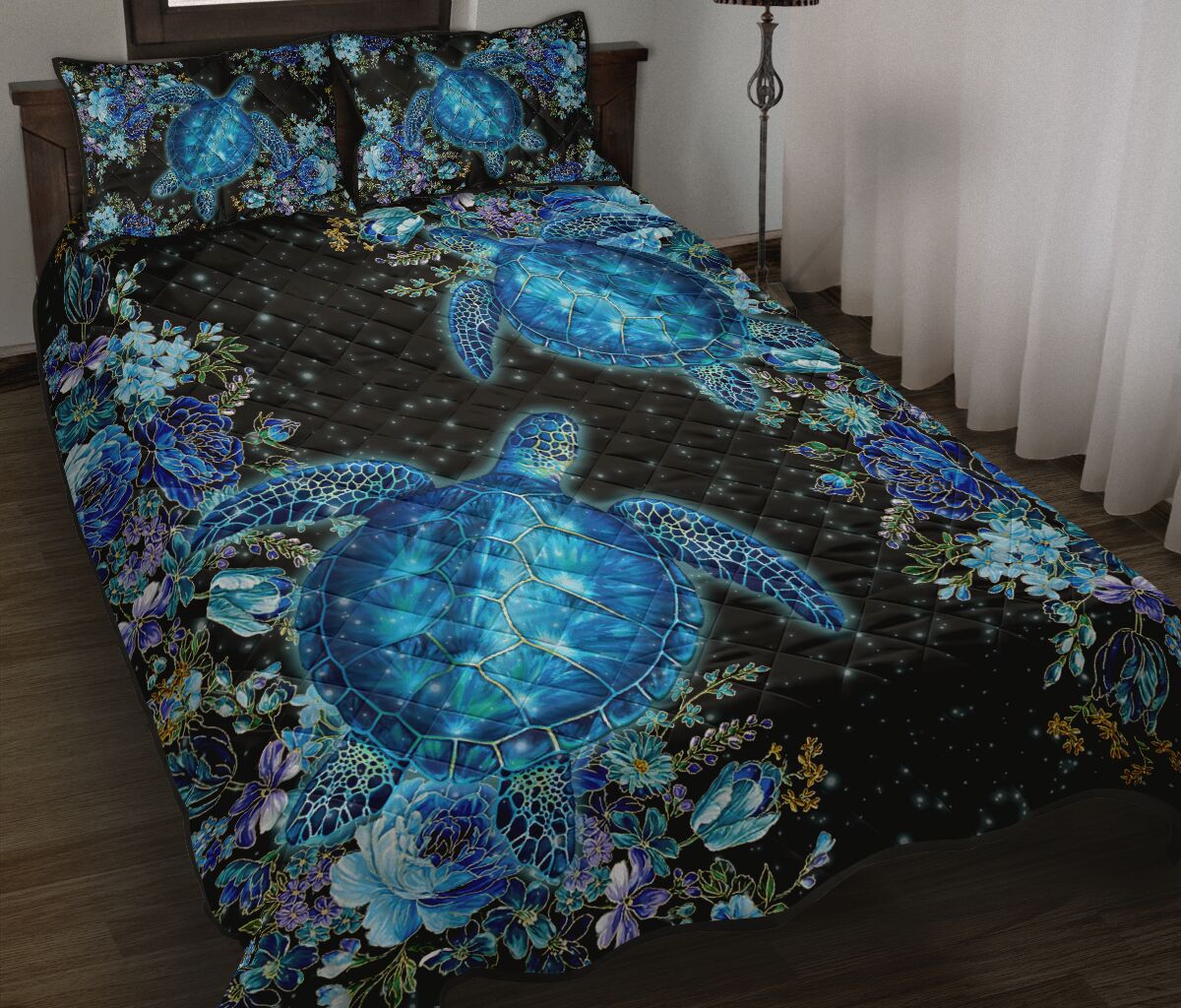 Hawaii Blue Turtle Flower Quilt Bed Set - Sea Bling - AH Blue - Polynesian Pride