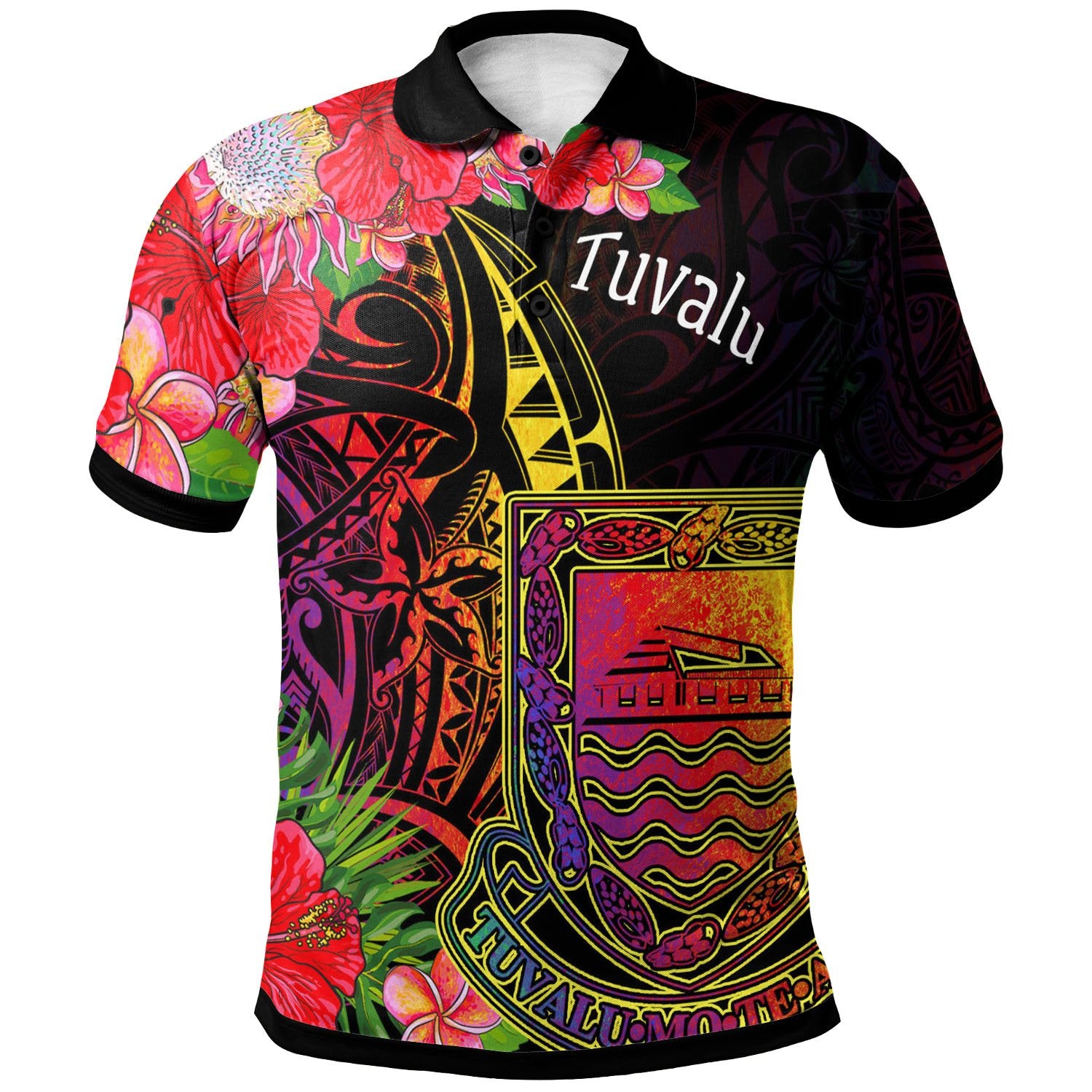 Tuvalu Polo Shirt Tropical Hippie Style Unisex Black - Polynesian Pride