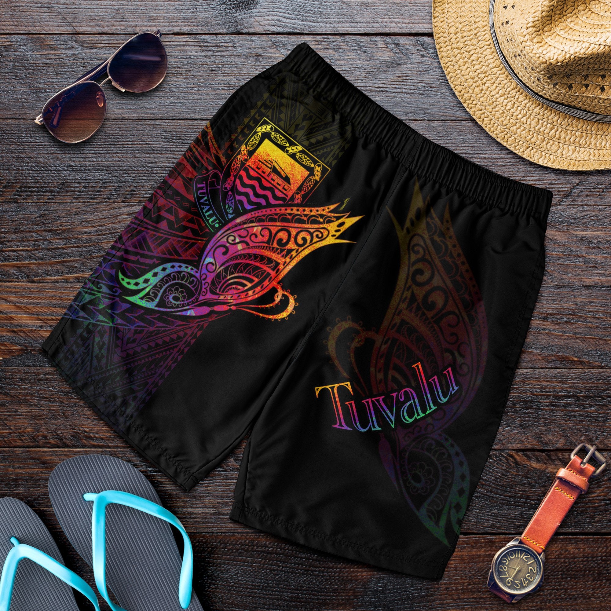 Tuvalu Men's Shorts - Butterfly Polynesian Style Black - Polynesian Pride