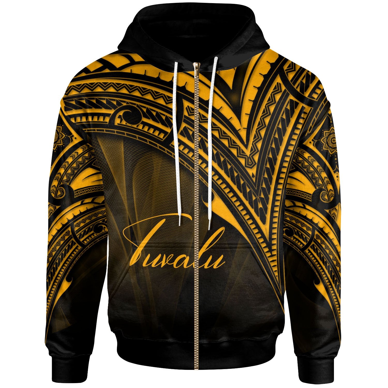 Tuvalu Zip Hoodie Gold Color Cross Style Unisex Black - Polynesian Pride