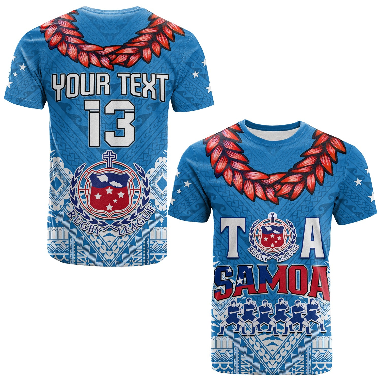 (Custom Text and Number) Toa Samoa Rugby T Shirt Manu Siva Tau Style Ulafala LT13 Blue - Polynesian Pride