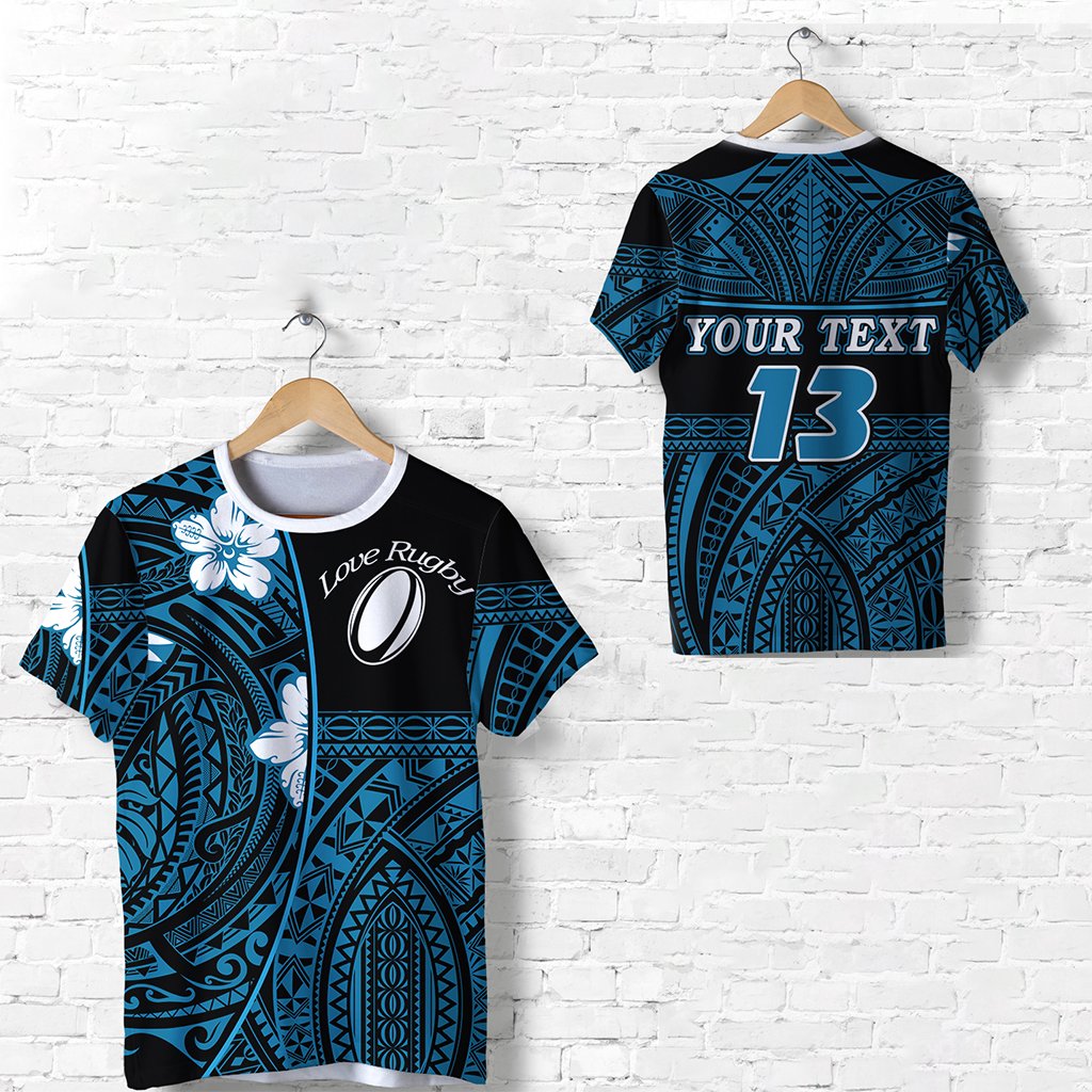 Custom Polynesian Rugby T Shirt Love Blue Custom Text and Number Unisex Blue - Polynesian Pride