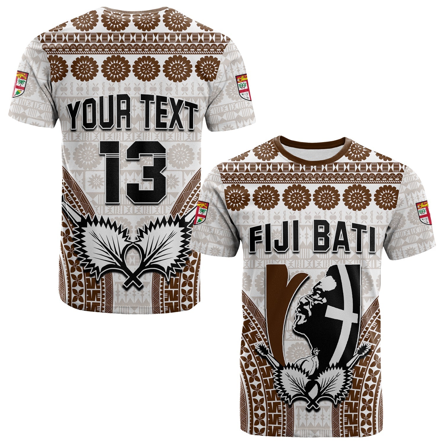 Custom Text and Number Fiji Rugby Bati T Shirt Proud Tapa Pattern LT13 White - Polynesian Pride