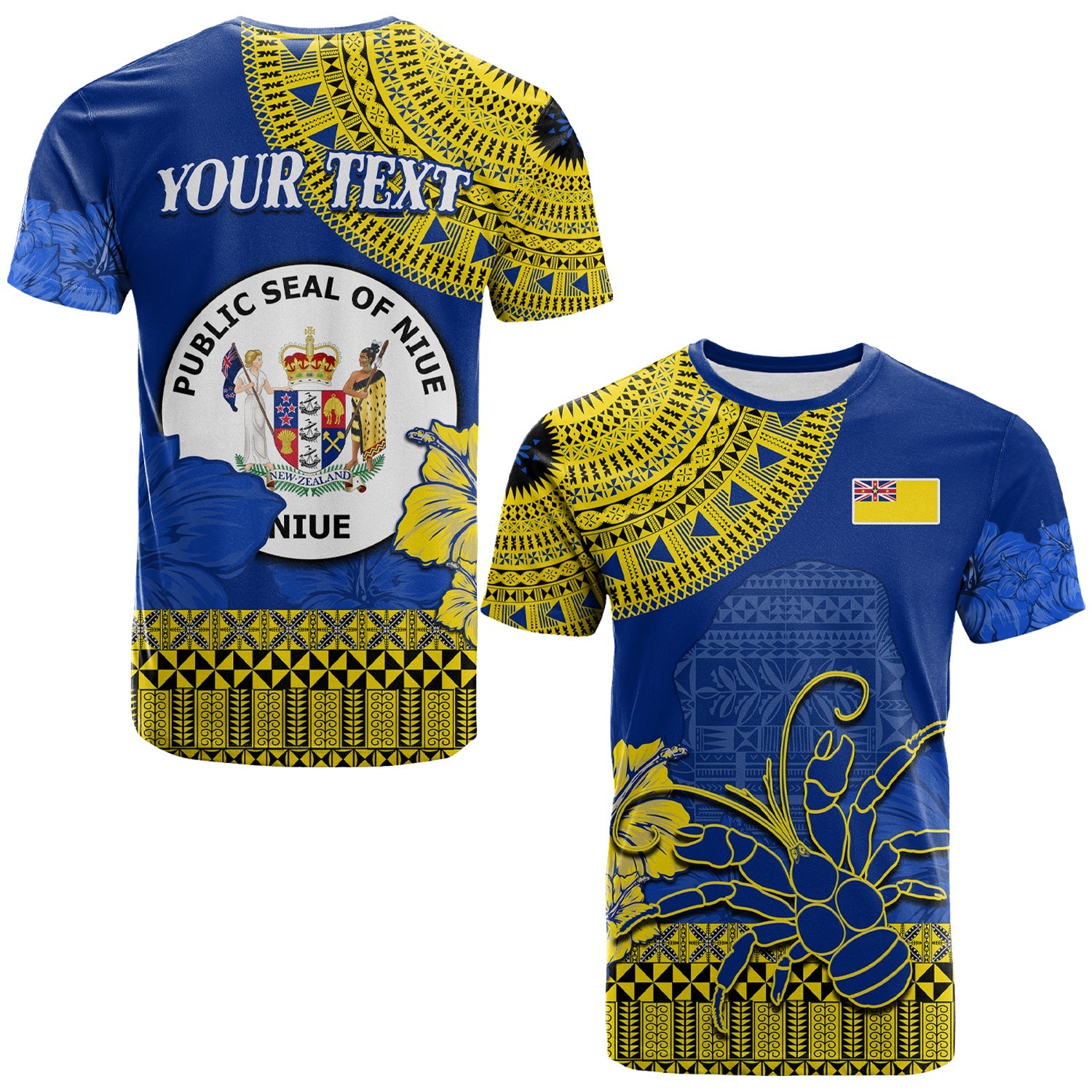 Custom Niue Hiapo T Shirt Rock of Polynesia Tapa Niuean Crab Happy Day LT13 Blue - Polynesian Pride