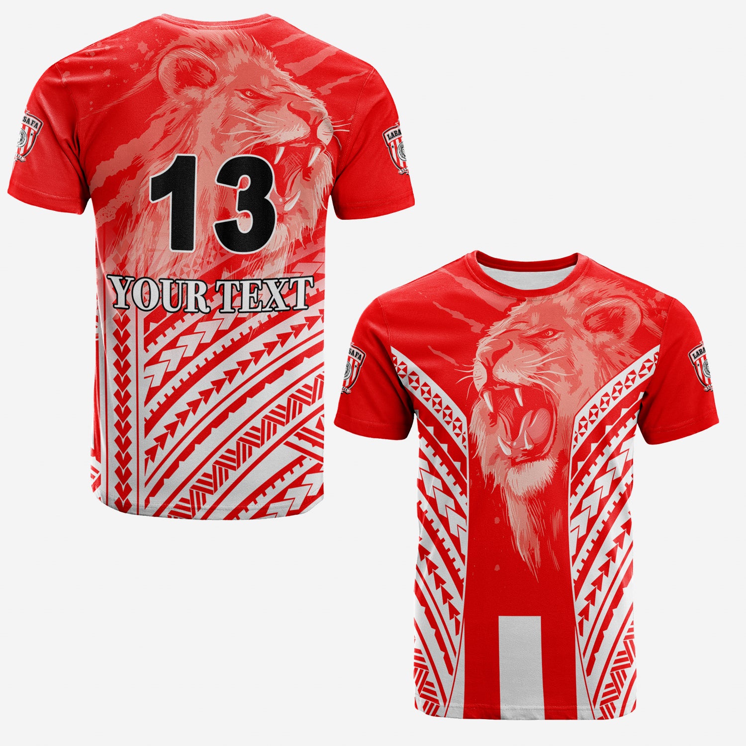 Custom LABASA Football T Shirt Strong Lion of Fiji Custom Text and Number LT13 Unisex Red - Polynesian Pride