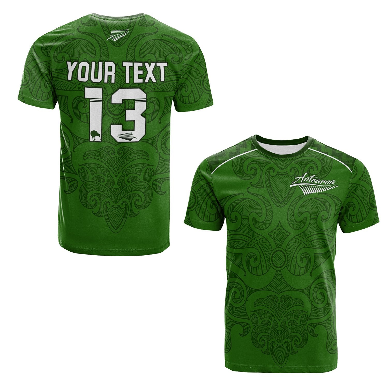 Custom Maori 2021 T Shirt Green Aotearoa Tattoo Custom Text and Number LT13 Unisex Green - Polynesian Pride