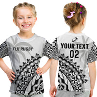 (Custom Text and Number) Fiji Rugby T Shirt Fijian Cibi Dance Tapa Pattern White LT14 Kid White - Polynesian Pride