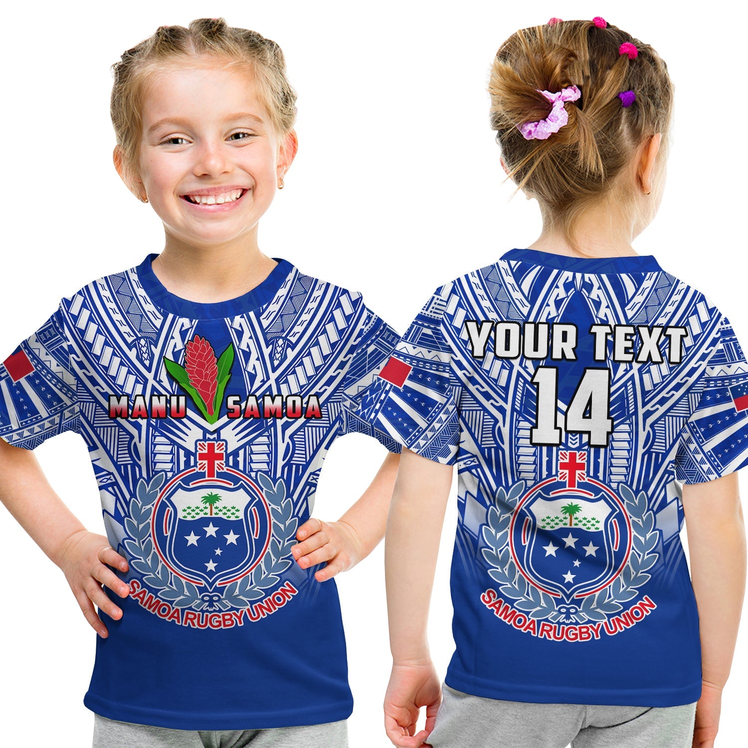 (Custom Text And Number) Samoa Rugby T Shirt KID Manu Samoa 7s Ginger Blue Polynesian LT14 - Polynesian Pride