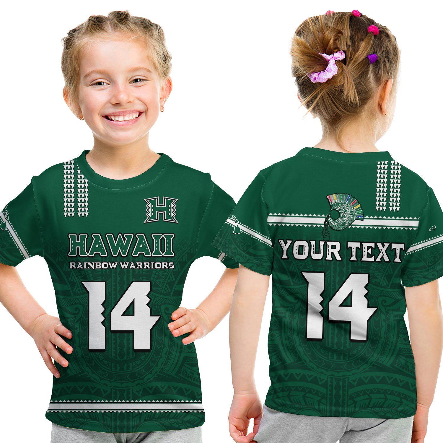 (Custom Text And Number) Hawaii Football T Shirt KID Kakau Rainbow Warriors Helmet Go Bows LT14 - Polynesian Pride