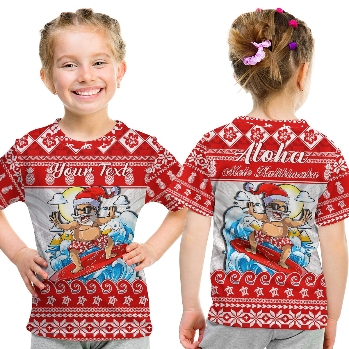 Custom Personalised Hawaii Christmas T Shirt KID Surfing Santa Mele Kalikimaka Polynesian LT14 - Polynesian Pride