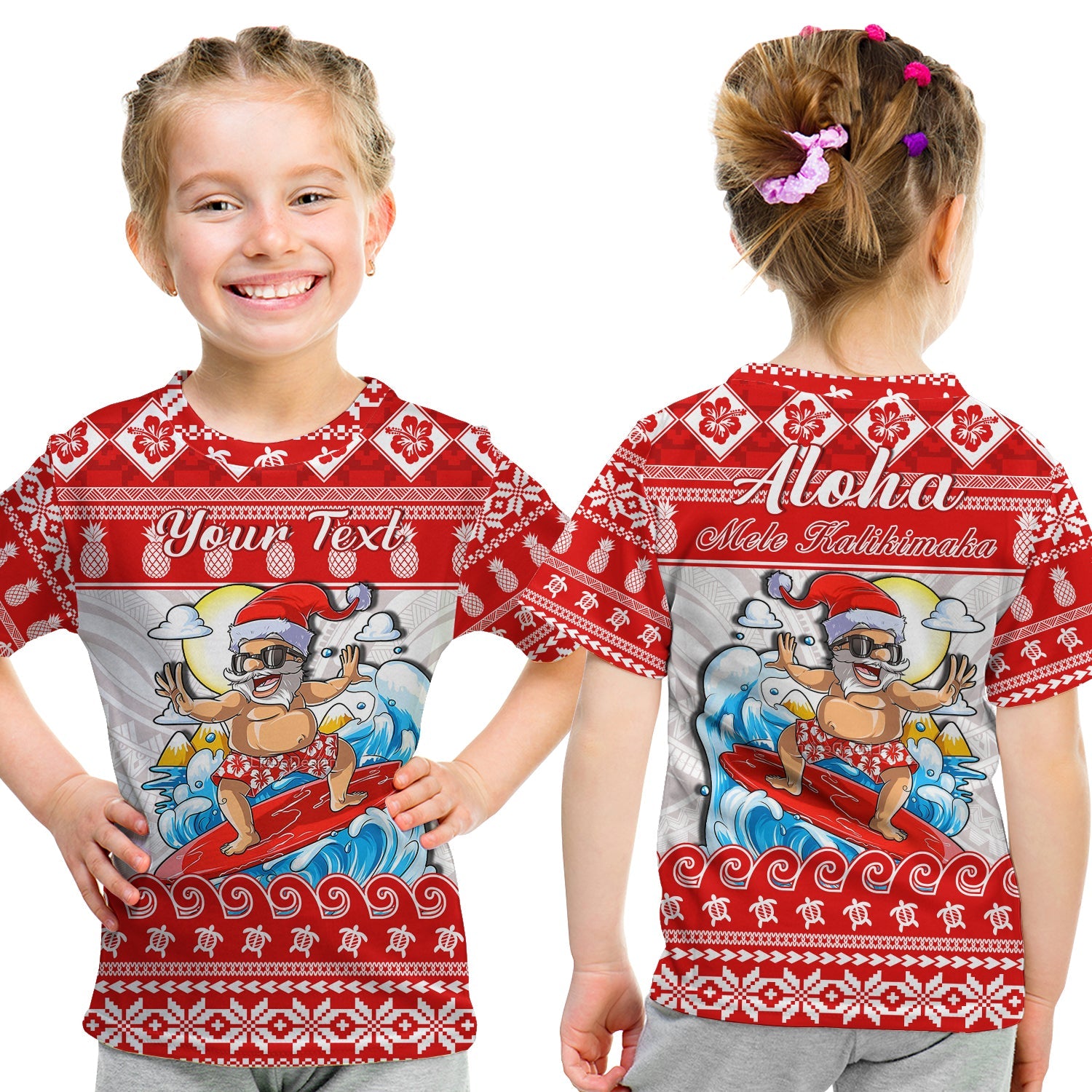 Custom Personalised Hawaii Christmas T Shirt KID Surfing Santa Mele Kalikimaka Polynesian LT14 - Polynesian Pride