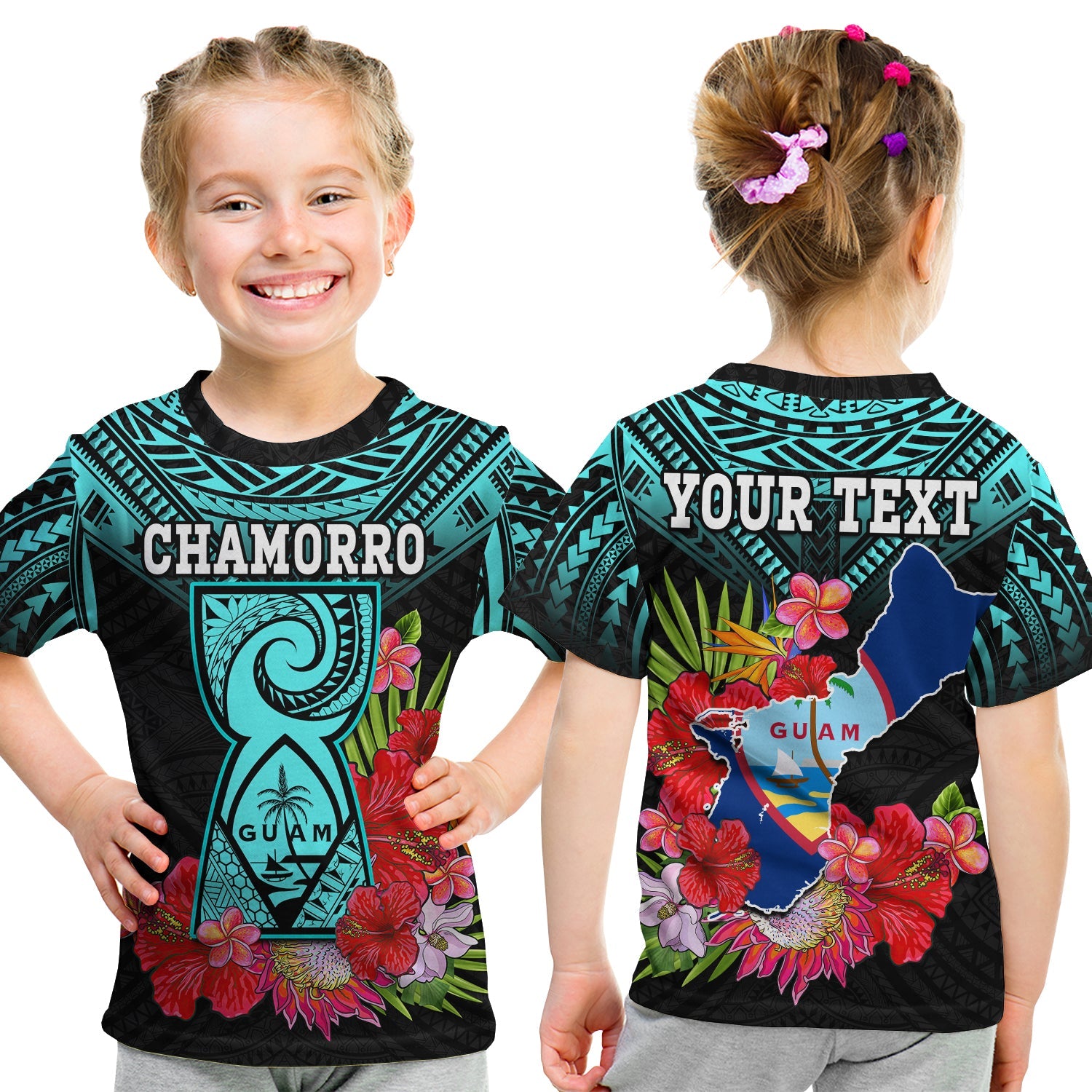 (Custom Personalised) Guam Chamorro T Shirt KID Guaman Latte Stone Tropical Flowers Turquoise Style LT14 - Polynesian Pride