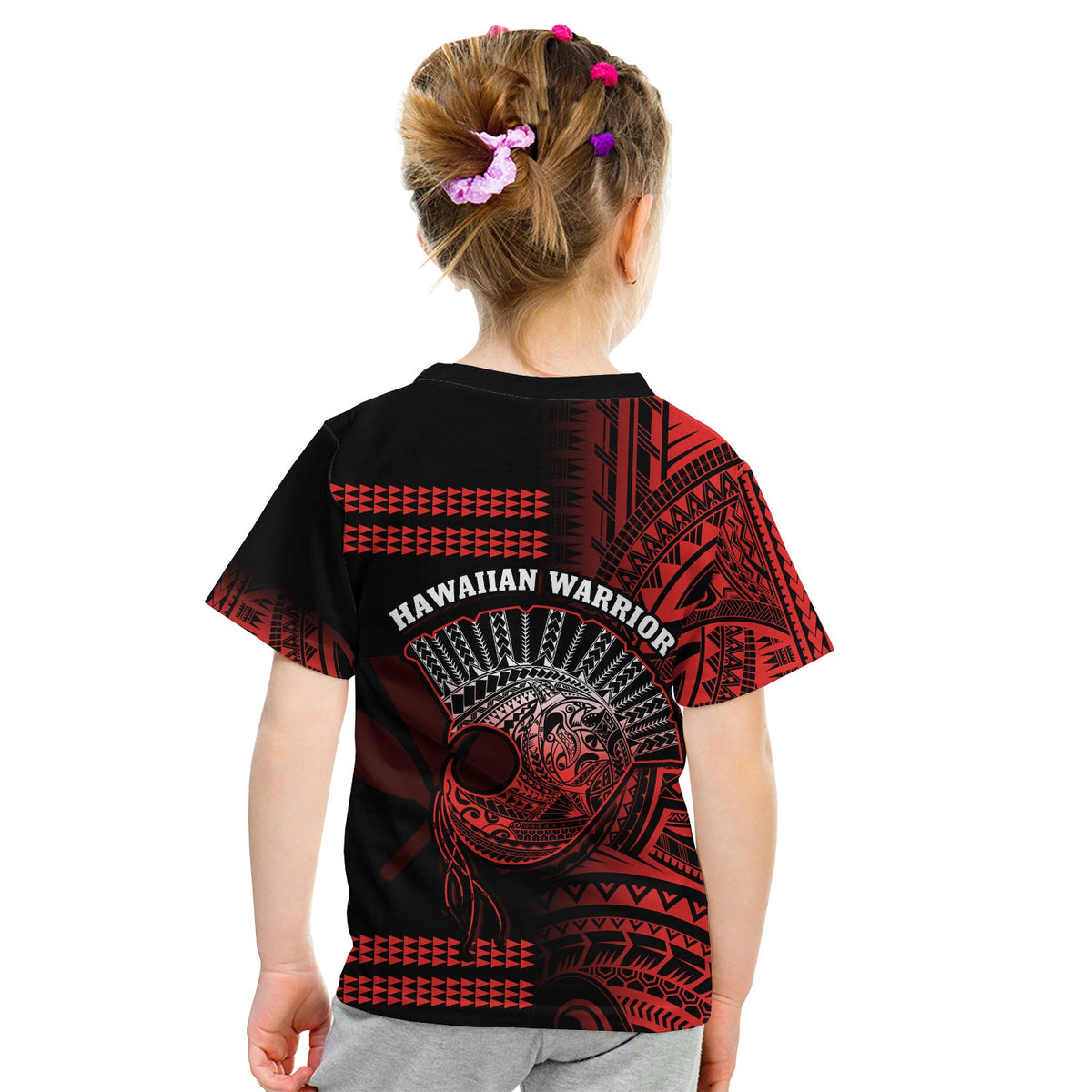 Hawaii T Shirt KID Kakau Warrior Helmet Gradient Red Polynesian LT14 - Polynesian Pride