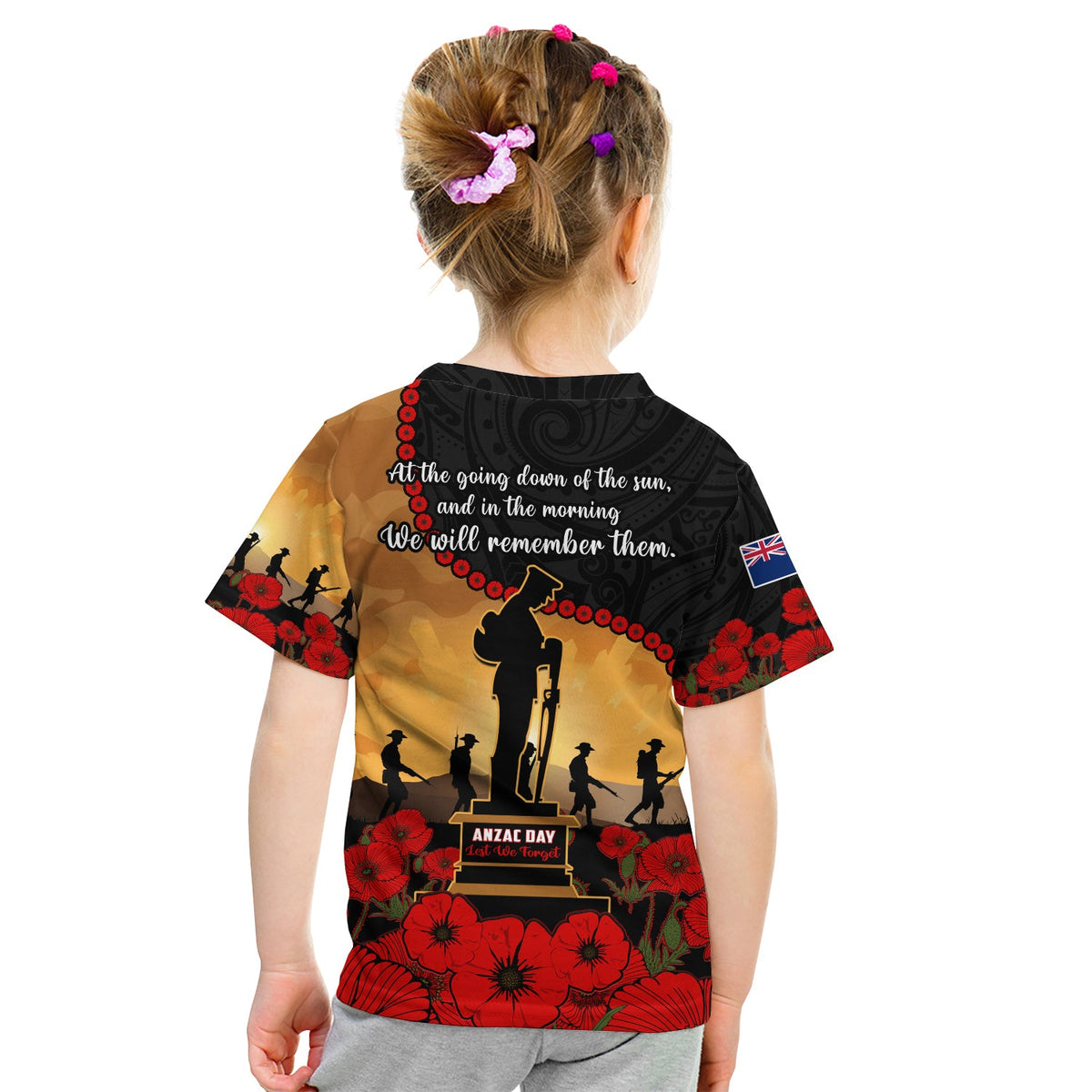 New Zealand Anzac T Shirt KID Maori Camouflage Mix Poppies We Will Remember Them LT14 - Polynesian Pride