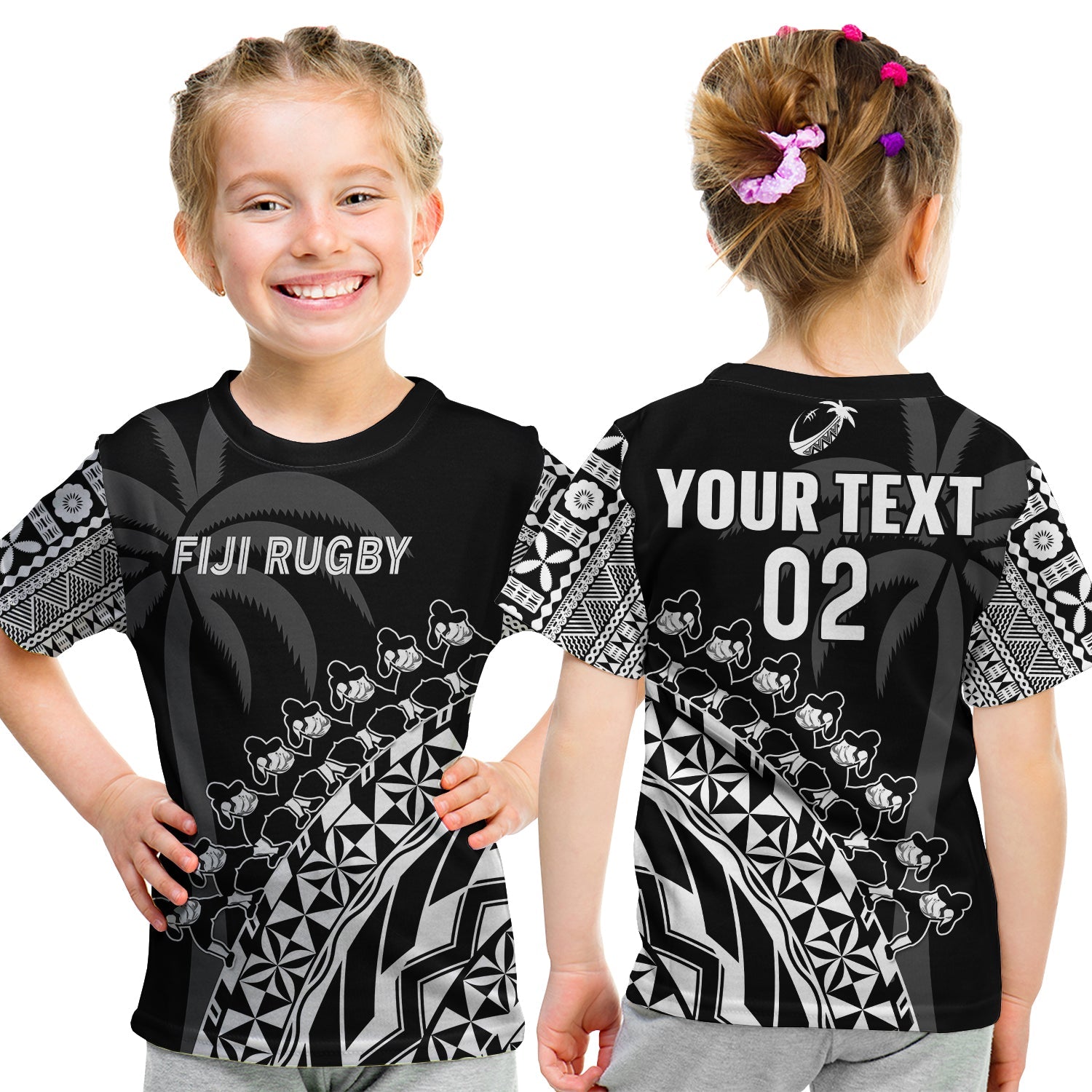 (Custom Text And Number) Fiji Rugby T Shirt KID Fijian Cibi Dance Tapa Pattern Black LT14 - Polynesian Pride