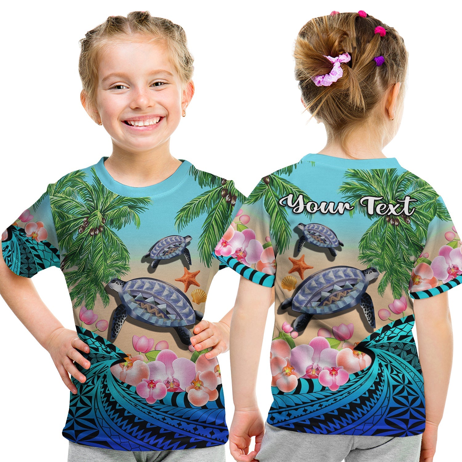 (Custom Personalised) Polynesian Turtle Coconut Tree And Orchids T Shirt KID LT14 - Polynesian Pride