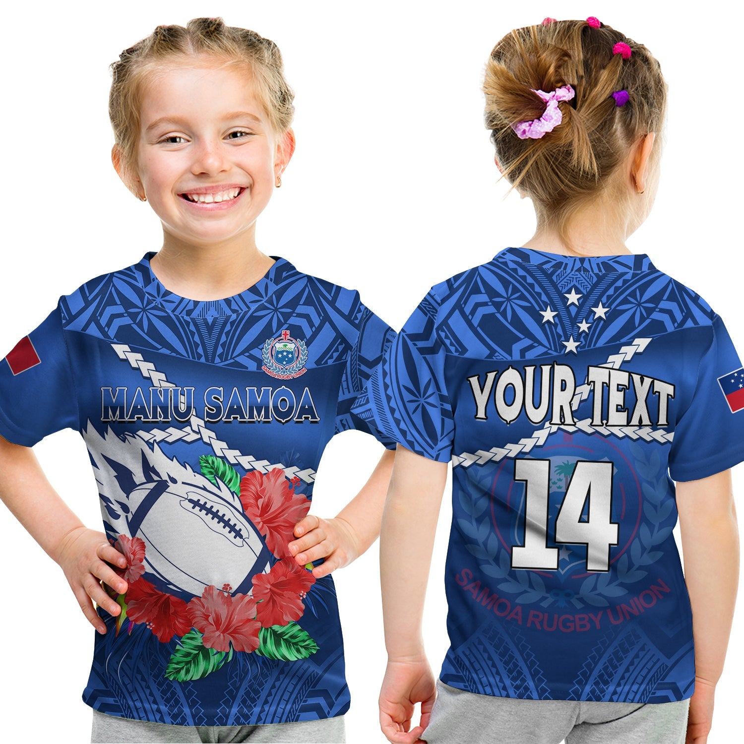 (Custom Text And Number) Samoa Rugby T Shirt KID Manu Samoa Polynesian Hibiscus Blue Style LT14 - Polynesian Pride