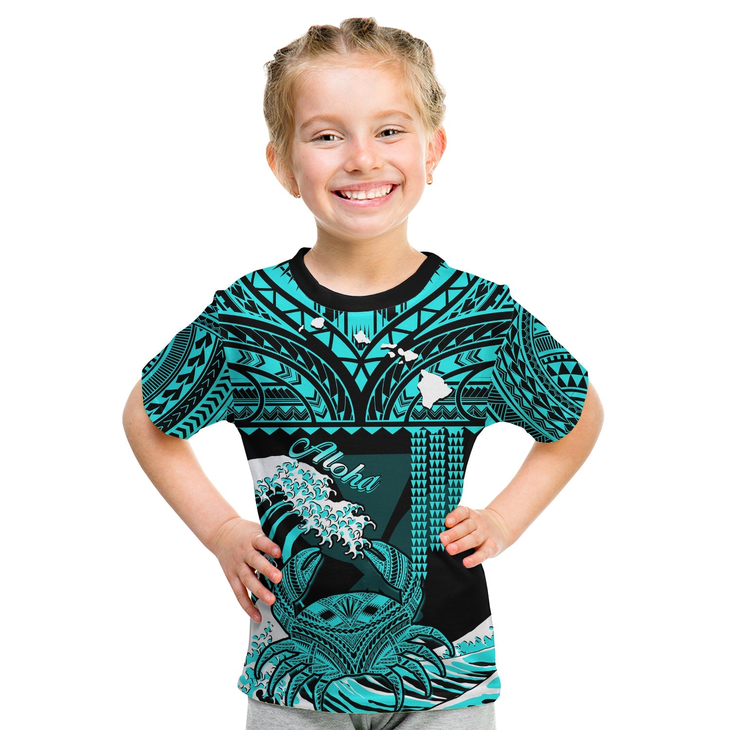 (Custom Personalised) Hawaii T Shirt KID Kakau Polynesian Crab With Waves Ver.01 LT14 - Polynesian Pride