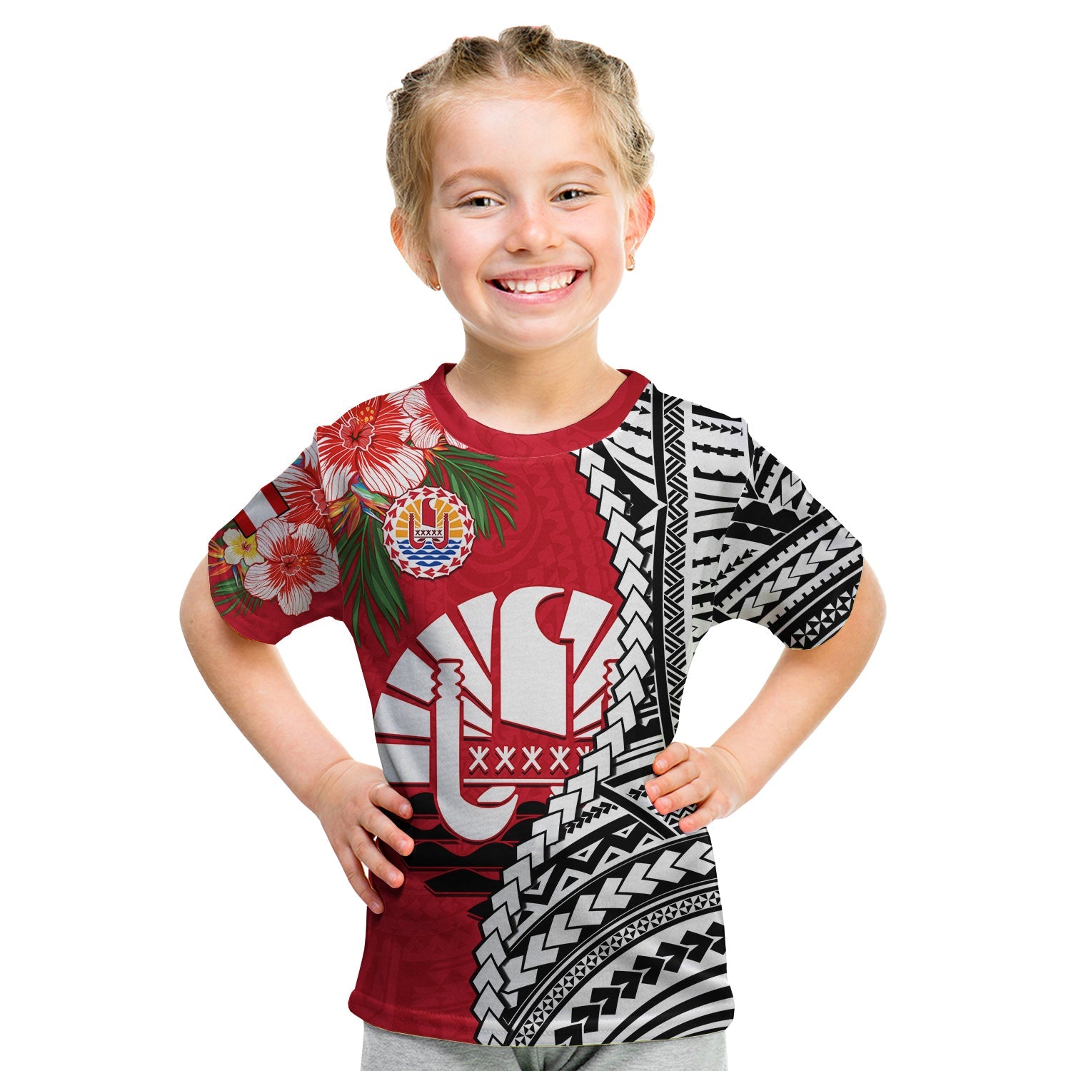 Tahiti Islands T Shirt KID Polynesian Shark Mix Tropical Flowers LT14 - Polynesian Pride