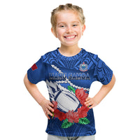 (Custom Text And Number) Samoa Rugby T Shirt KID Manu Samoa Polynesian Hibiscus Blue Style LT14 - Polynesian Pride