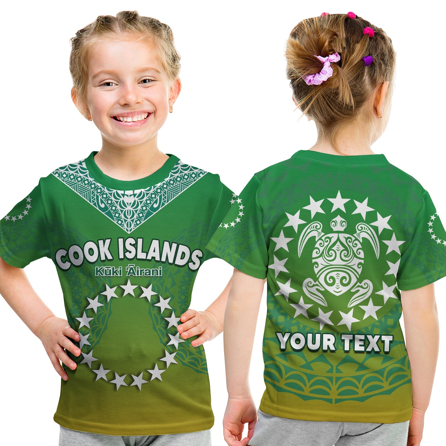 Cook Islands T Shirt KID Circle Pattern Mix Sea Turtle Green Version LT14 - Polynesian Pride