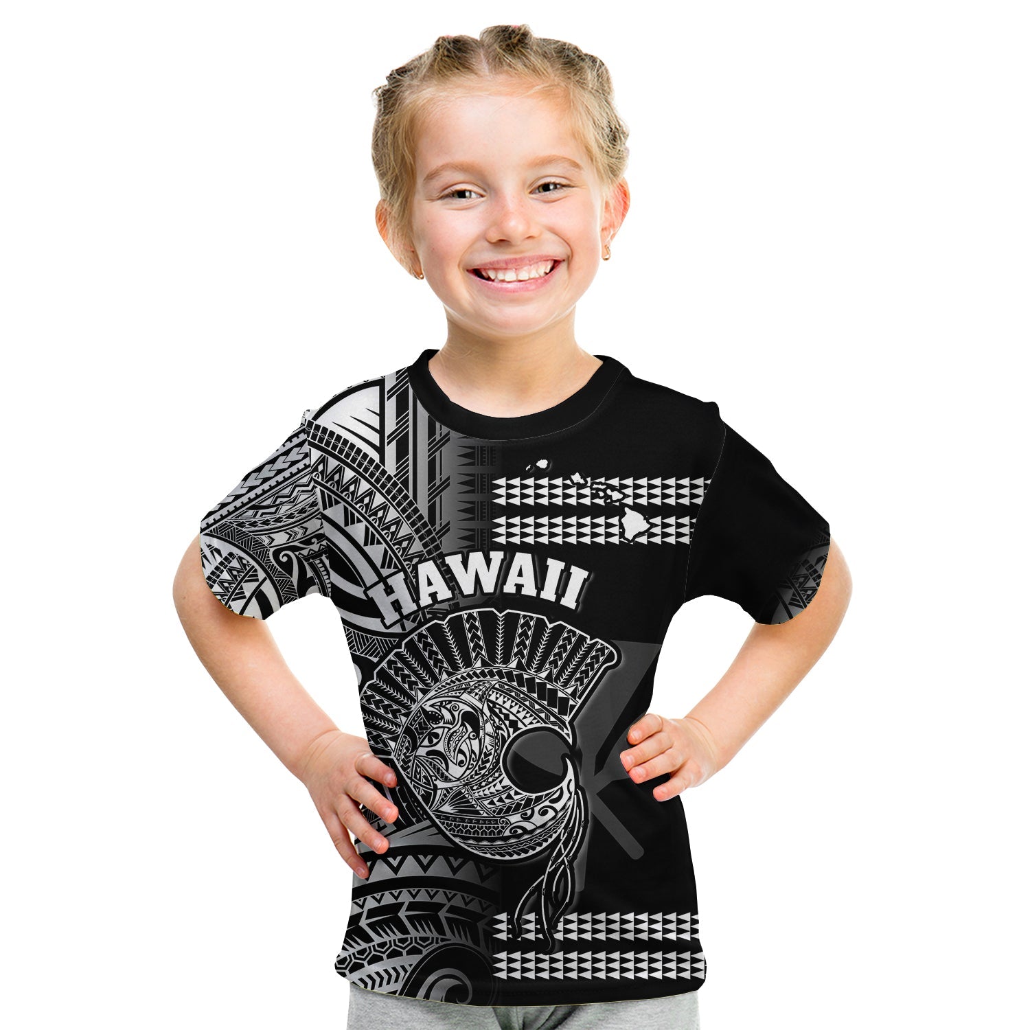 (Custom Personalised) Hawaii T Shirt KID Kakau Warrior Helmet Gradient White Polynesian LT14 - Polynesian Pride