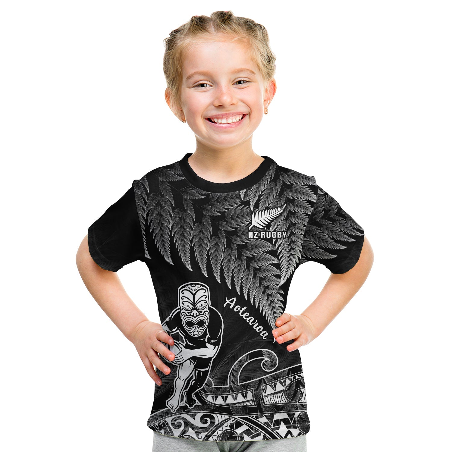 (Custom Text And Number) New Zealand Silver Fern Rugby T Shirt KID All Black Koru Maori LT14 - Polynesian Pride