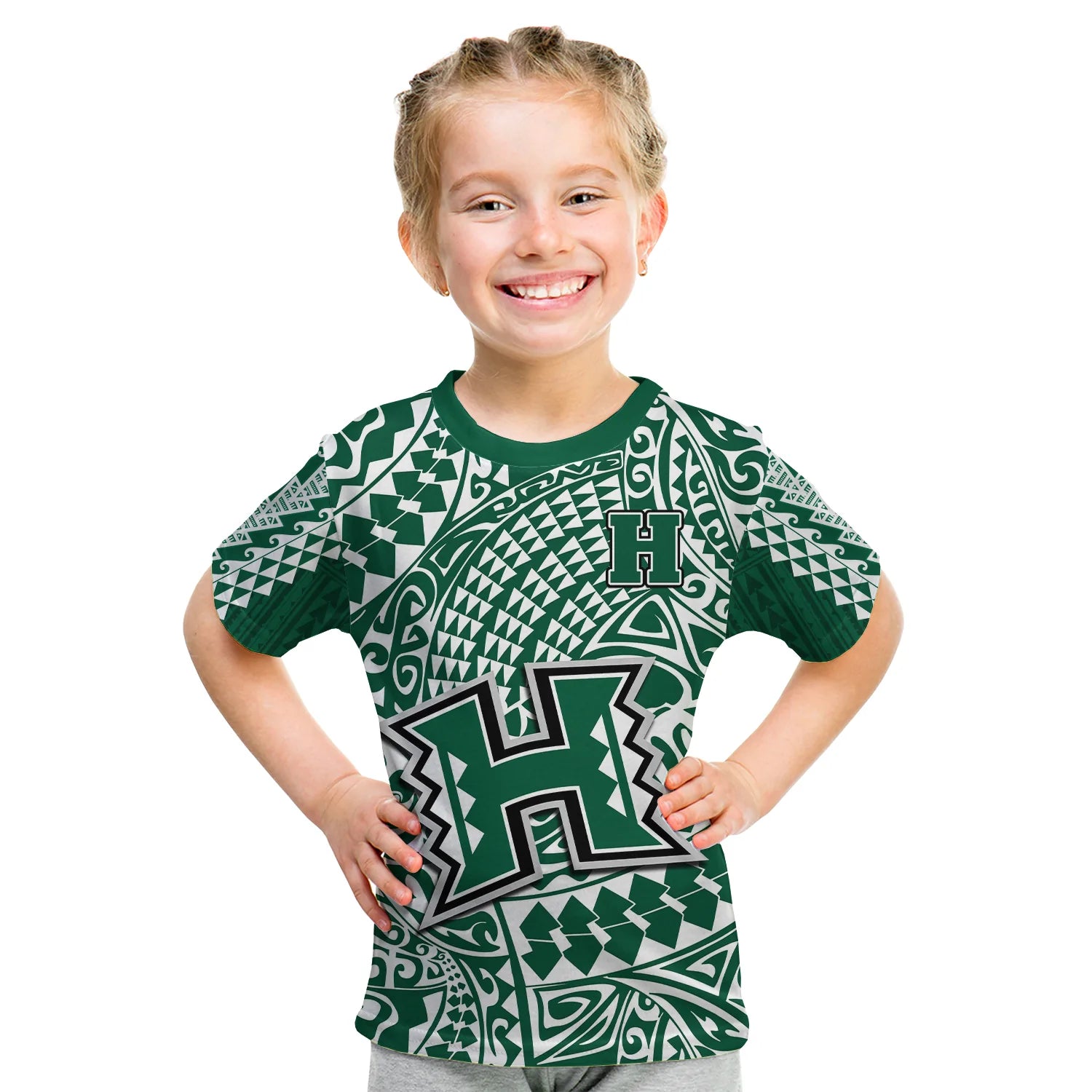 (Custom Text And Number) Hawaii Football T Shirt KID Rainbow Warriors Tribal Kakau LT14 - Polynesian Pride