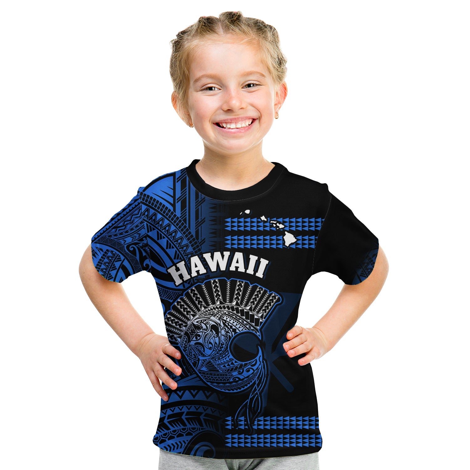 (Custom Personalised) Hawaii T Shirt KID Kakau Warrior Helmet Gradient Blue Polynesian LT14 - Polynesian Pride