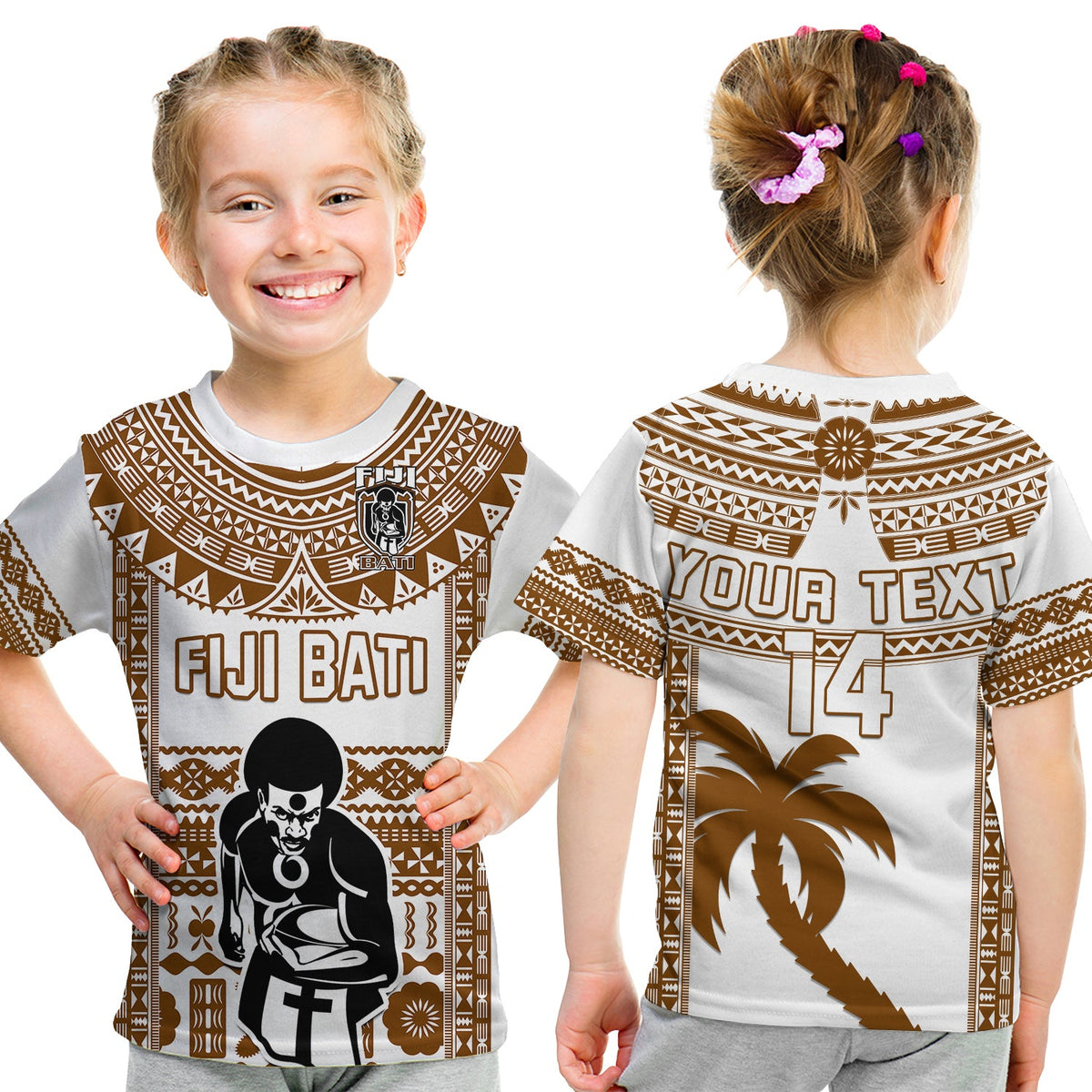 Custom Text and Number Fiji Rugby T Shirt Pacific The Bati Brown Fijian Tapa LT14 Kid Brown - Polynesian Pride