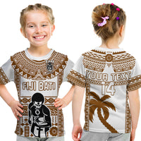 Custom Text and Number Fiji Rugby T Shirt Pacific The Bati Brown Fijian Tapa LT14 Kid Brown - Polynesian Pride