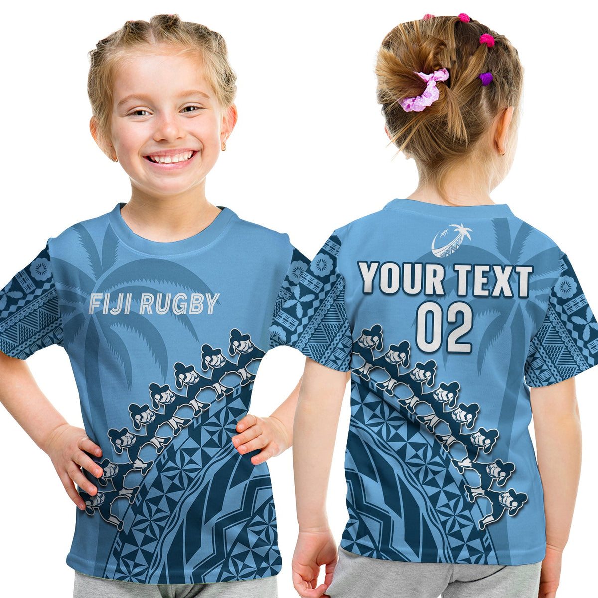 (Custom Text and Number) Fiji Tapa Rugby T Shirt Fijian Cibi Dance Tapa Pattern Blue LT14 Kid Blue - Polynesian Pride