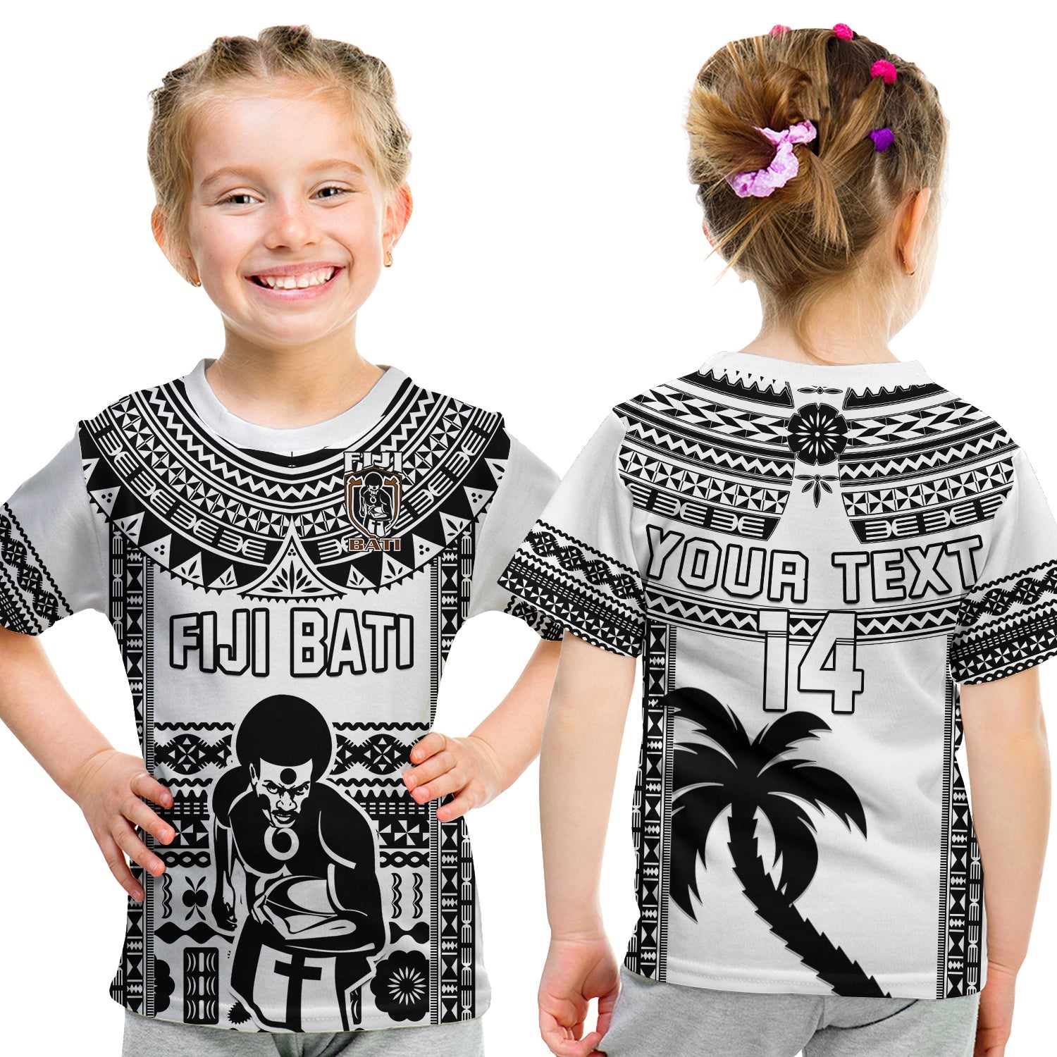 Custom Text And Number Fiji Rugby T Shirt KID Pacific The Bati Black Fijian Tapa LT14 Youth XL Size14 - Polynesian Pride