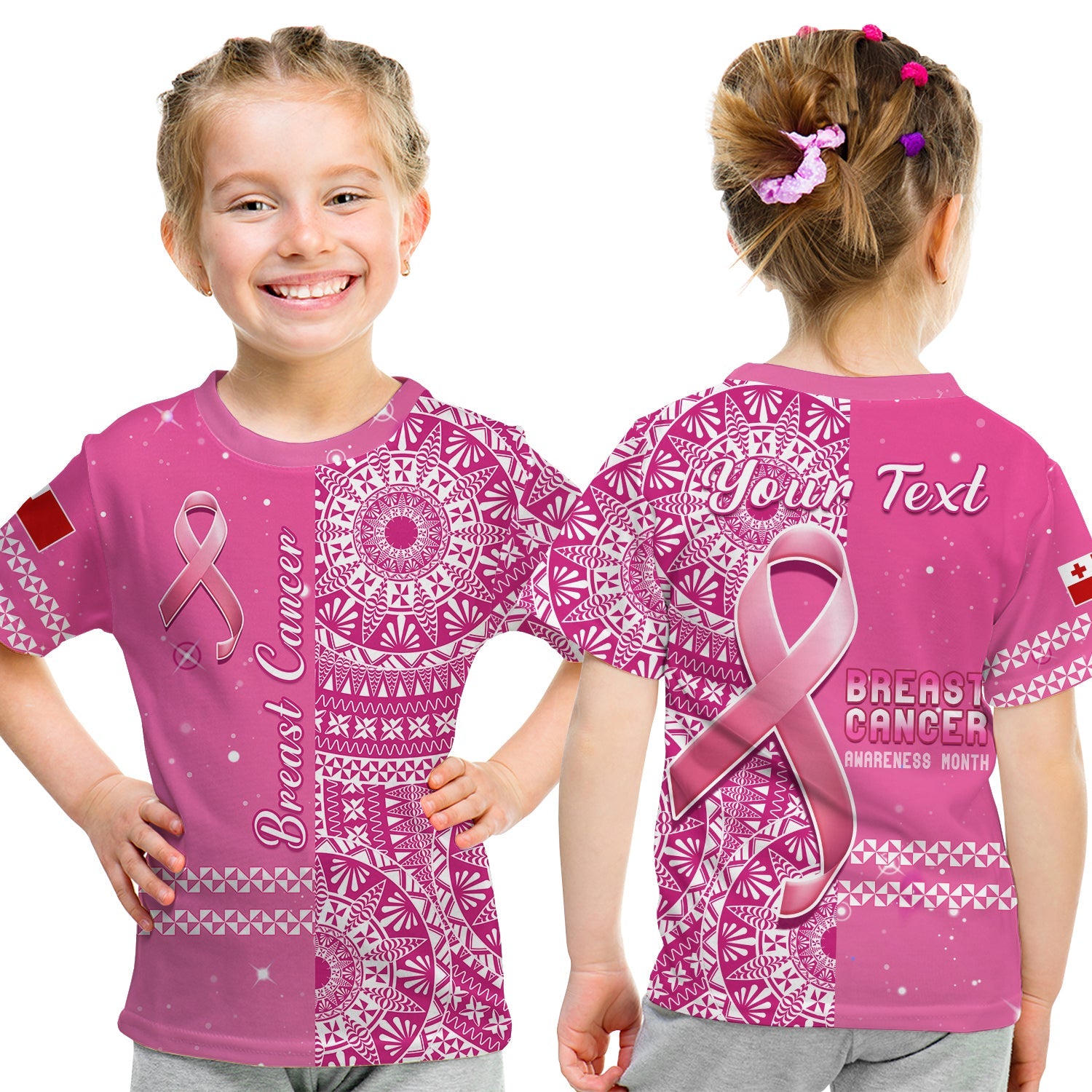 (Custom Personalised) Tonga Breast Cancer T Shirt KID Tongan Ngatu Pattern No One Fights Alone LT14 Youth XL Size14 - Polynesian Pride