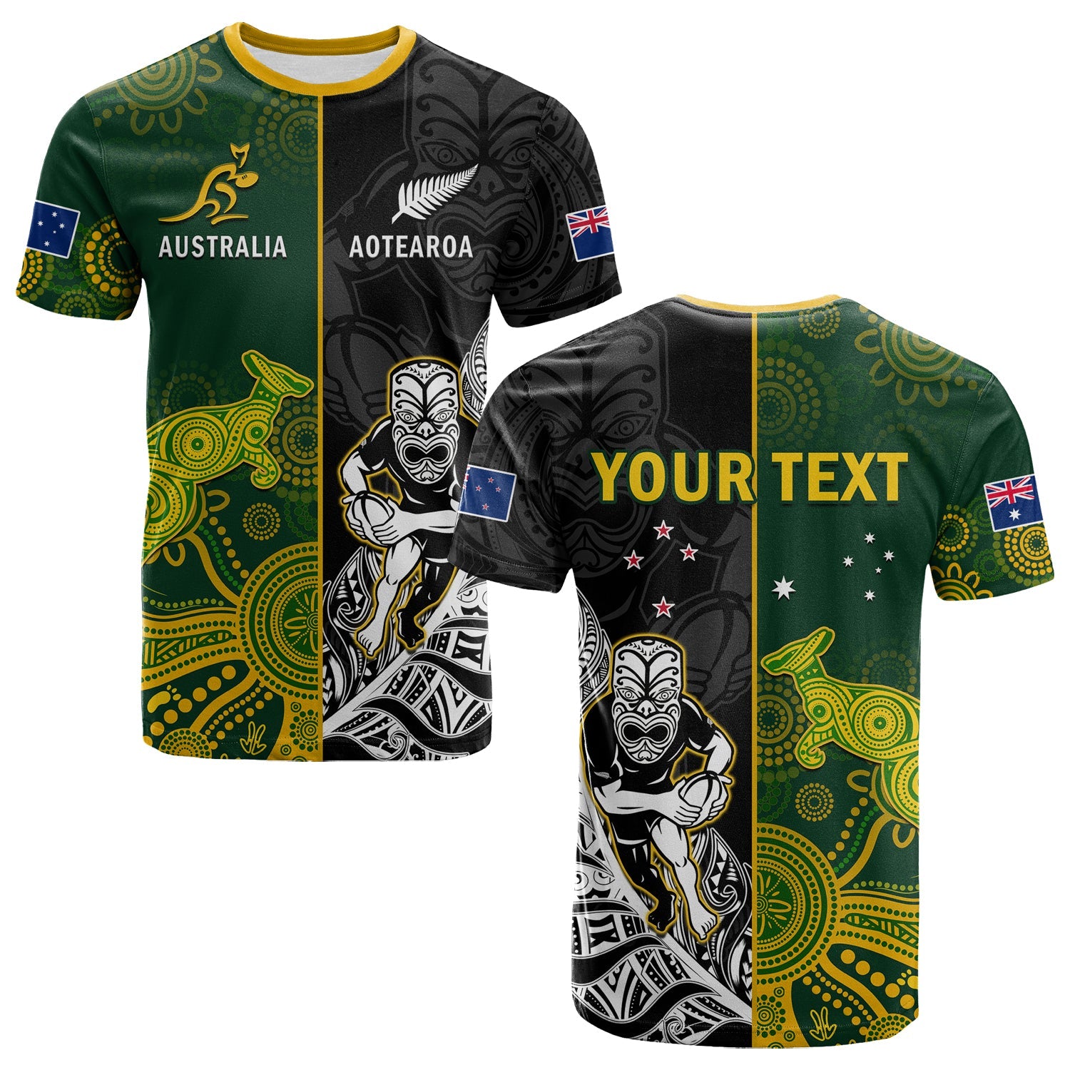 Custom Australia Rugby Mix Aotearoa Rugby T Shirt Wallabies All Black Special Version LT14 Black - Polynesian Pride