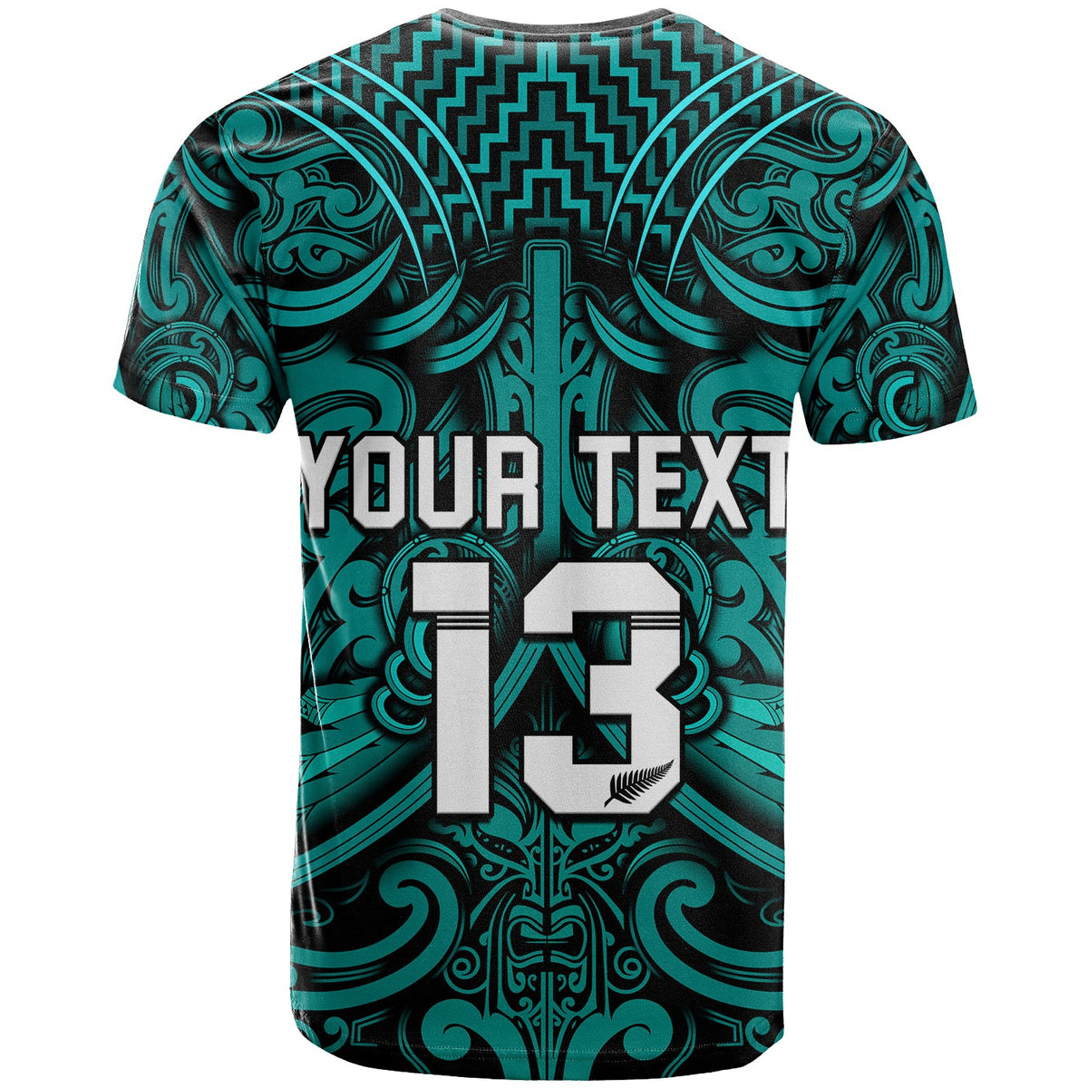 (Custom Text and Number) New Zealand Silver Fern Rugby T Shirt All Black Turquoise NZ Maori Pattern LT13 - Polynesian Pride