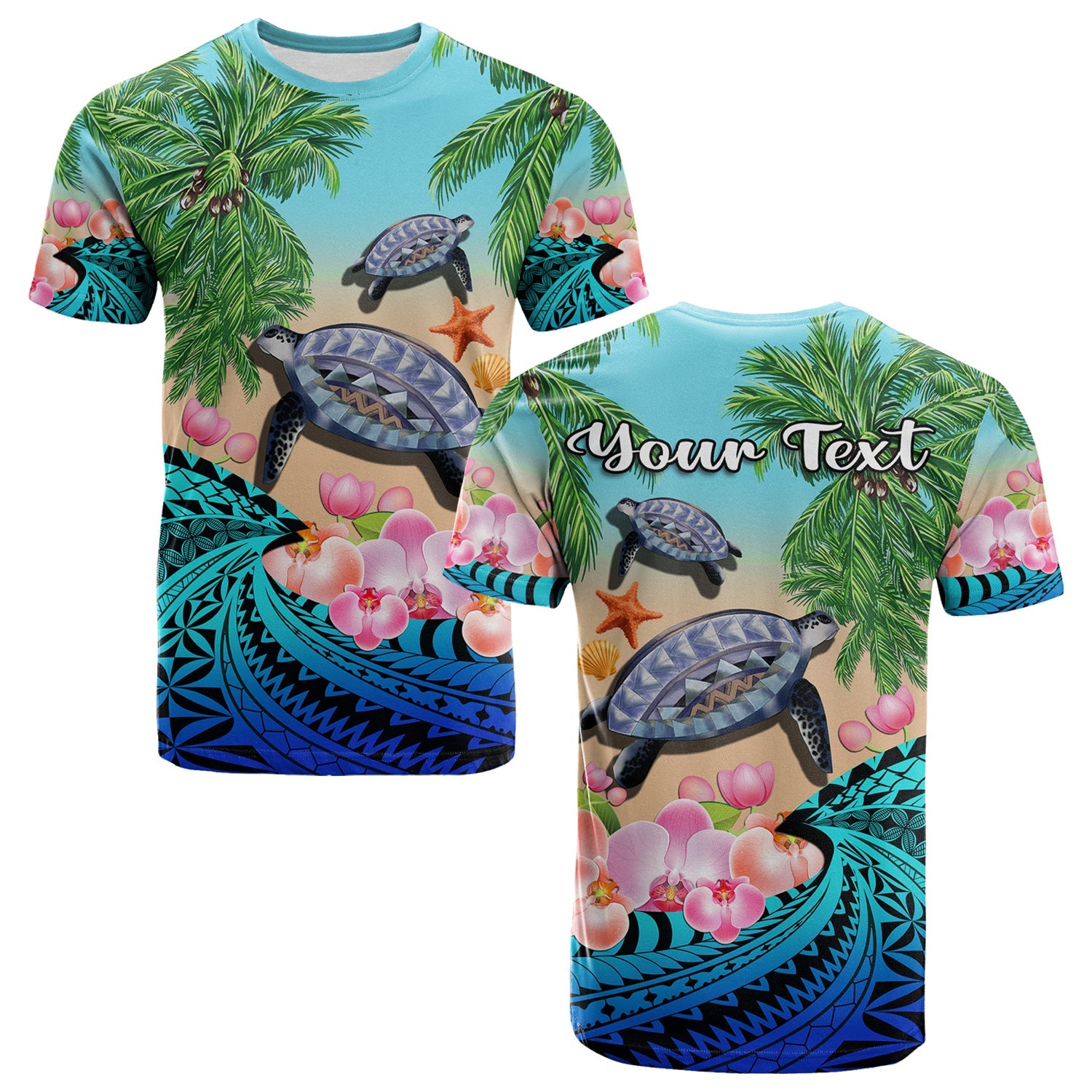 Custom Polynesian Turtle Coconut Tree and Orchids T Shirt LT14 Adult Blue - Polynesian Pride