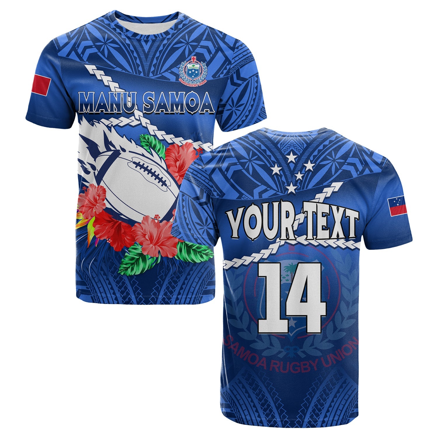 (Custom Text and Number) Samoa Rugby T Shirt Manu Samoa Polynesian Hibiscus Blue Style LT14 Adult Blue - Polynesian Pride