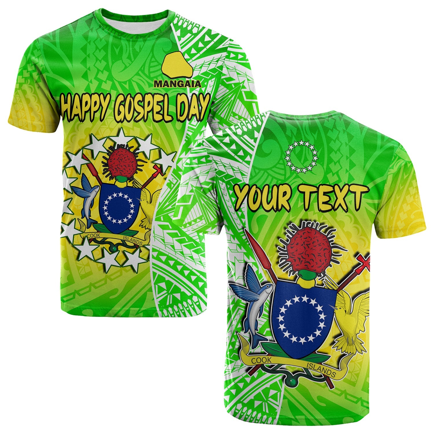 Custom Happy Mangaia Gospel Day T Shirt Cook Islands Coat of Arms Polynesian Pattern LT14 Adult Green - Polynesian Pride