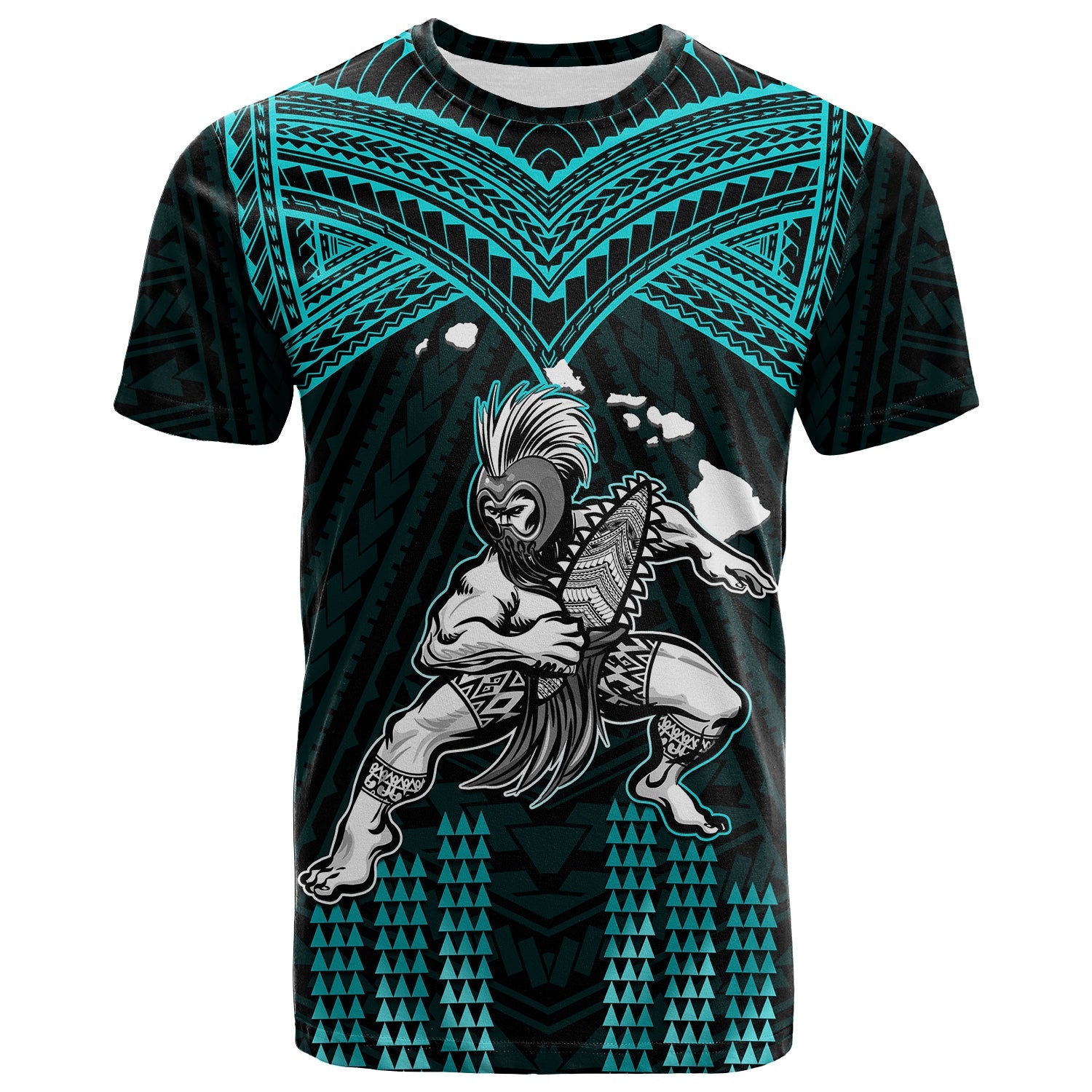 Custom Hawaii T Shirt Hawaiian Warrior With Weapon Polynesian Ver.02 LT14 Turquoise - Polynesian Pride