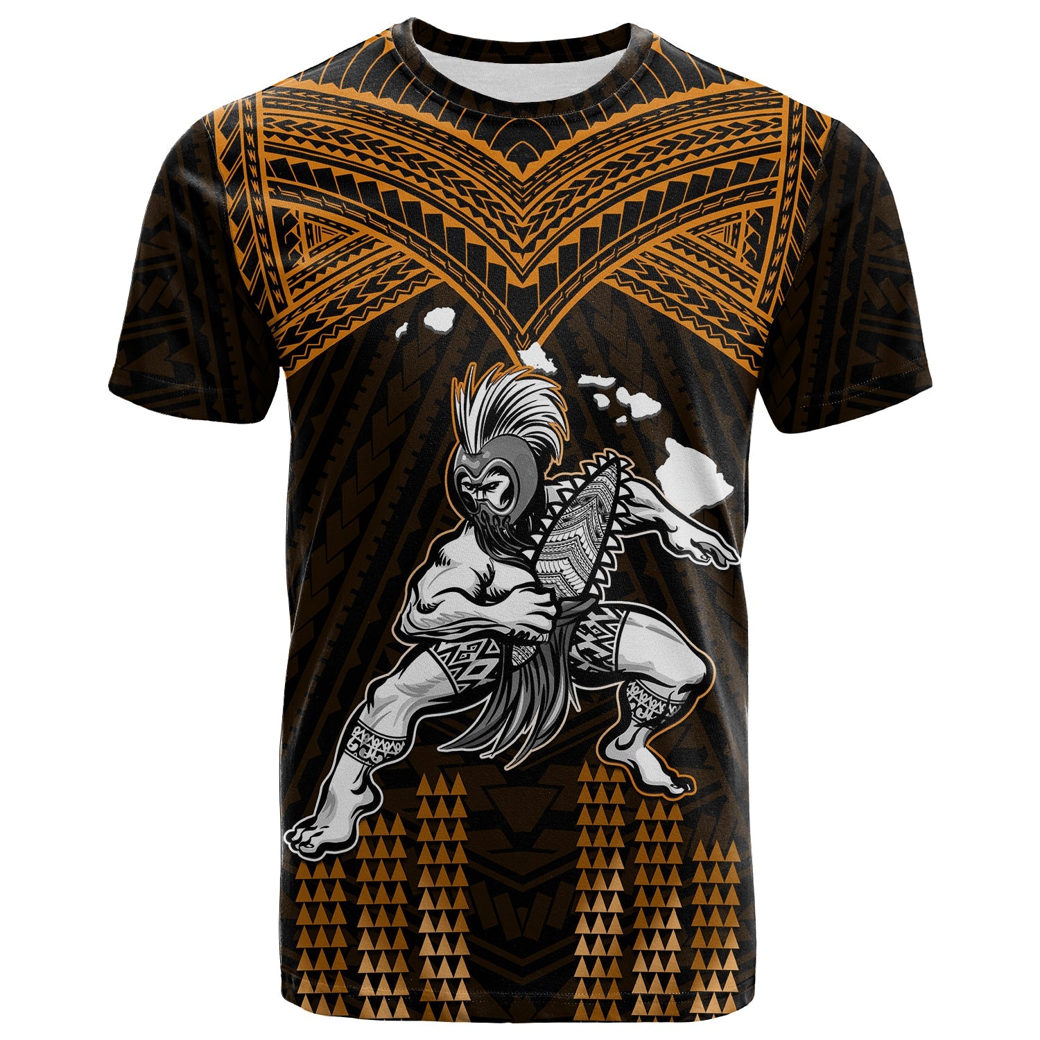 Custom Hawaii T Shirt Hawaiian Warrior With Weapon Polynesian Ver.07 LT14 Gold - Polynesian Pride