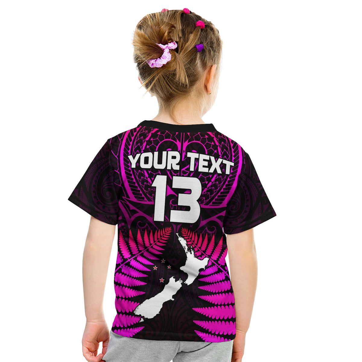 (Custom Text and Number) Aotearoa Fern T Shirt KID New Zealand Hei Tiki Purple Style LT13 - Polynesian Pride