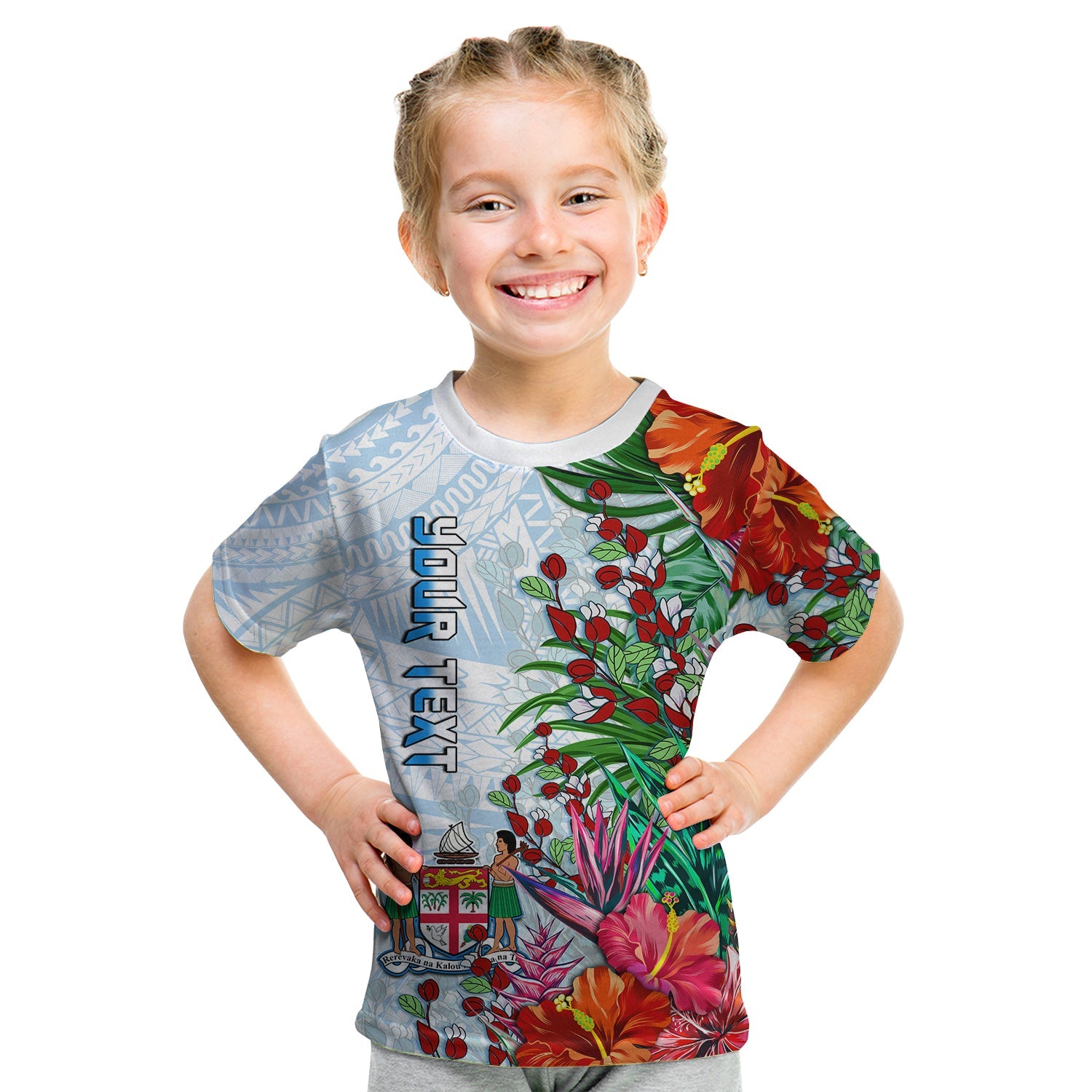 (Custom Personalised) Fiji T Shirt KID Proud Fijian Tapa mix Tagimoucia Flowers LT13 - Polynesian Pride