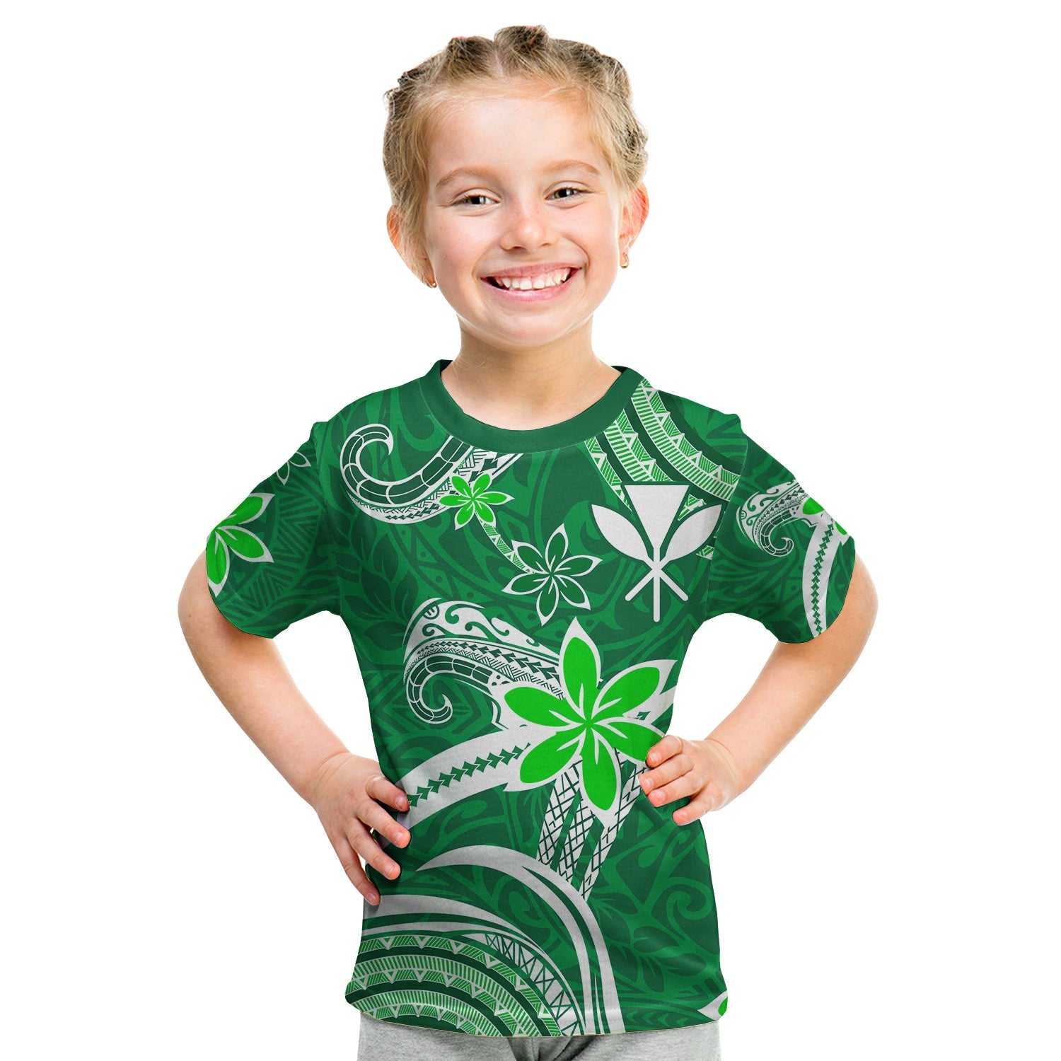 (Custom Personalised) Hawaii Flowers Wave T Shirt KID Kanaka Maoli Green Polynesian LT13 - Polynesian Pride