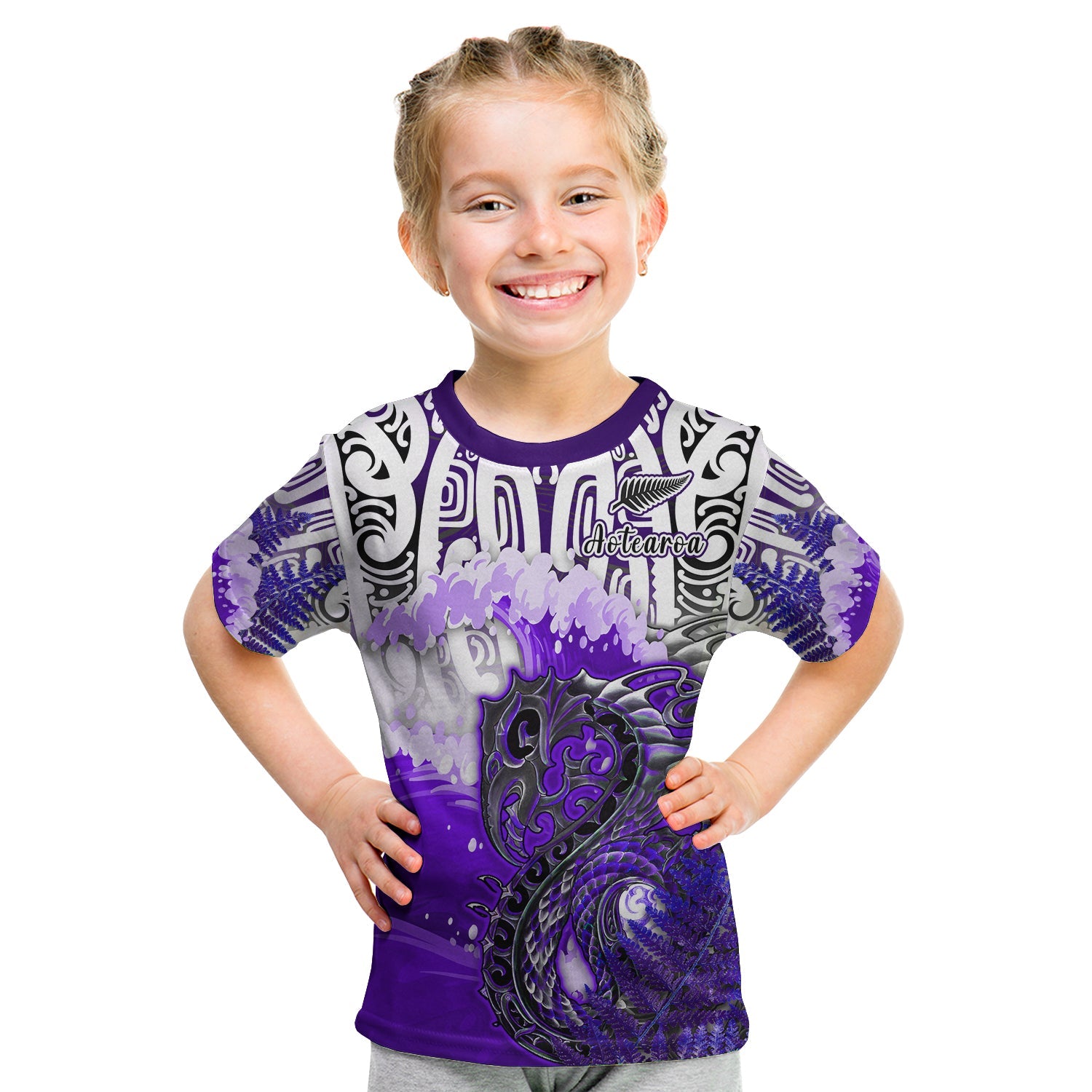 (Custom Personalised) Manaia Maori T Shirt KID Fern Aotearoa Purple Waves LT13 - Polynesian Pride