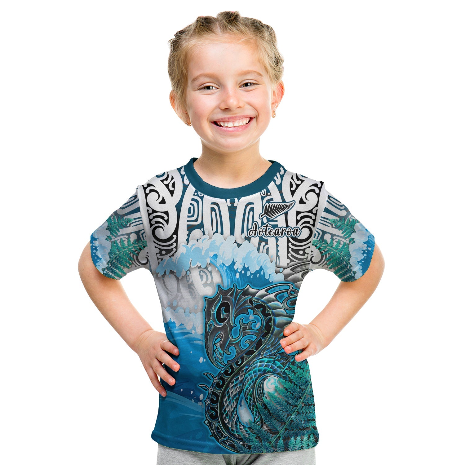 (Custom Personalised) Manaia Maori T Shirt KID Fern Aotearoa Blue Waves LT13 - Polynesian Pride