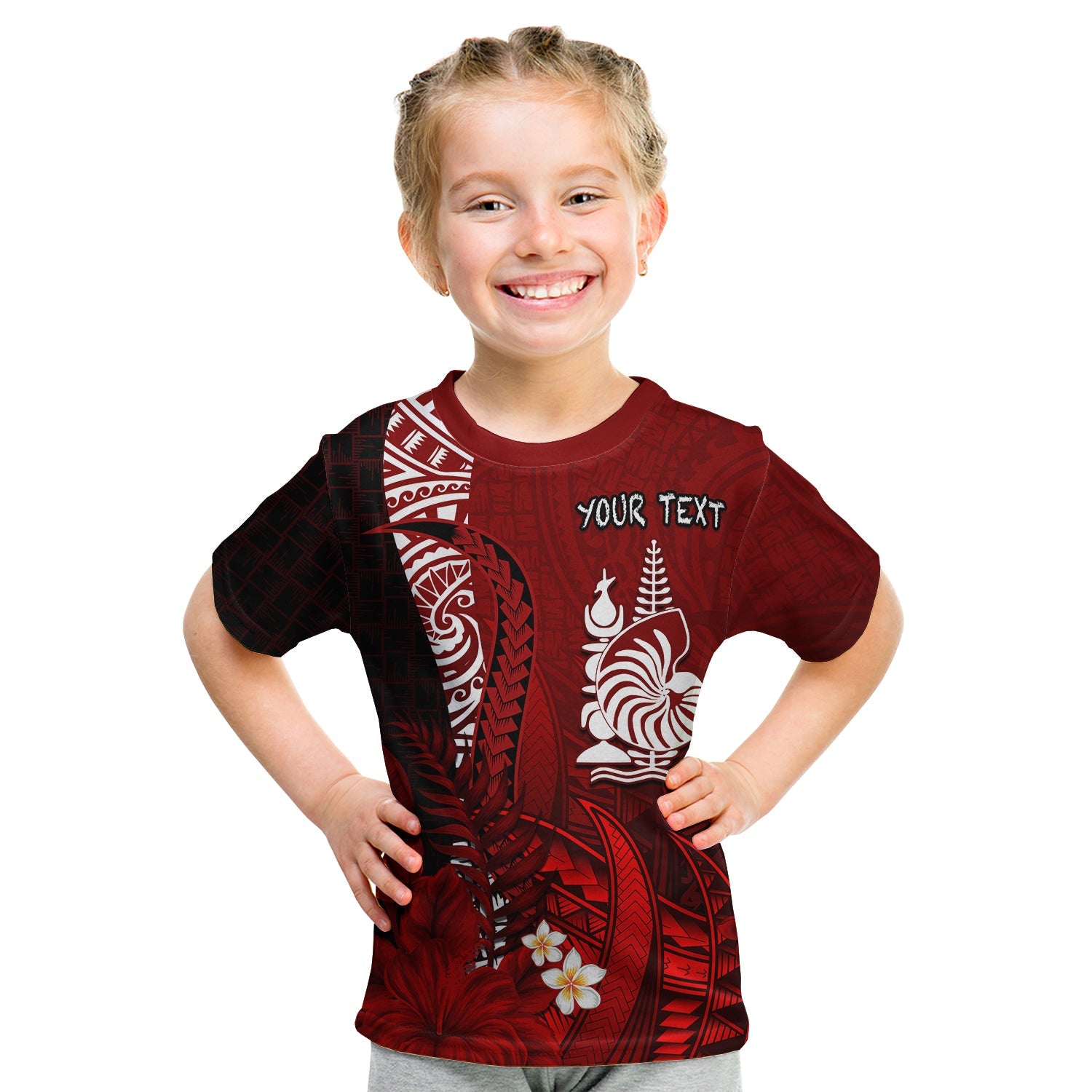 (Custom Personalised) New Caledonia T Shirt KID Nautilus Red Polynesian Hibiscus LT13 - Polynesian Pride