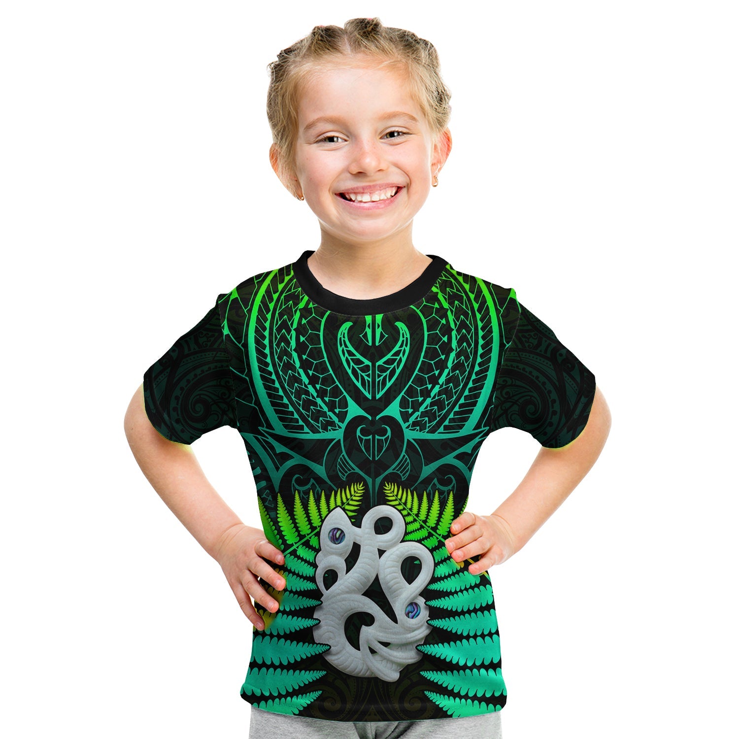 Aotearoa Fern T Shirt KID New Zealand Hei Tiki Green Style LT13 - Polynesian Pride