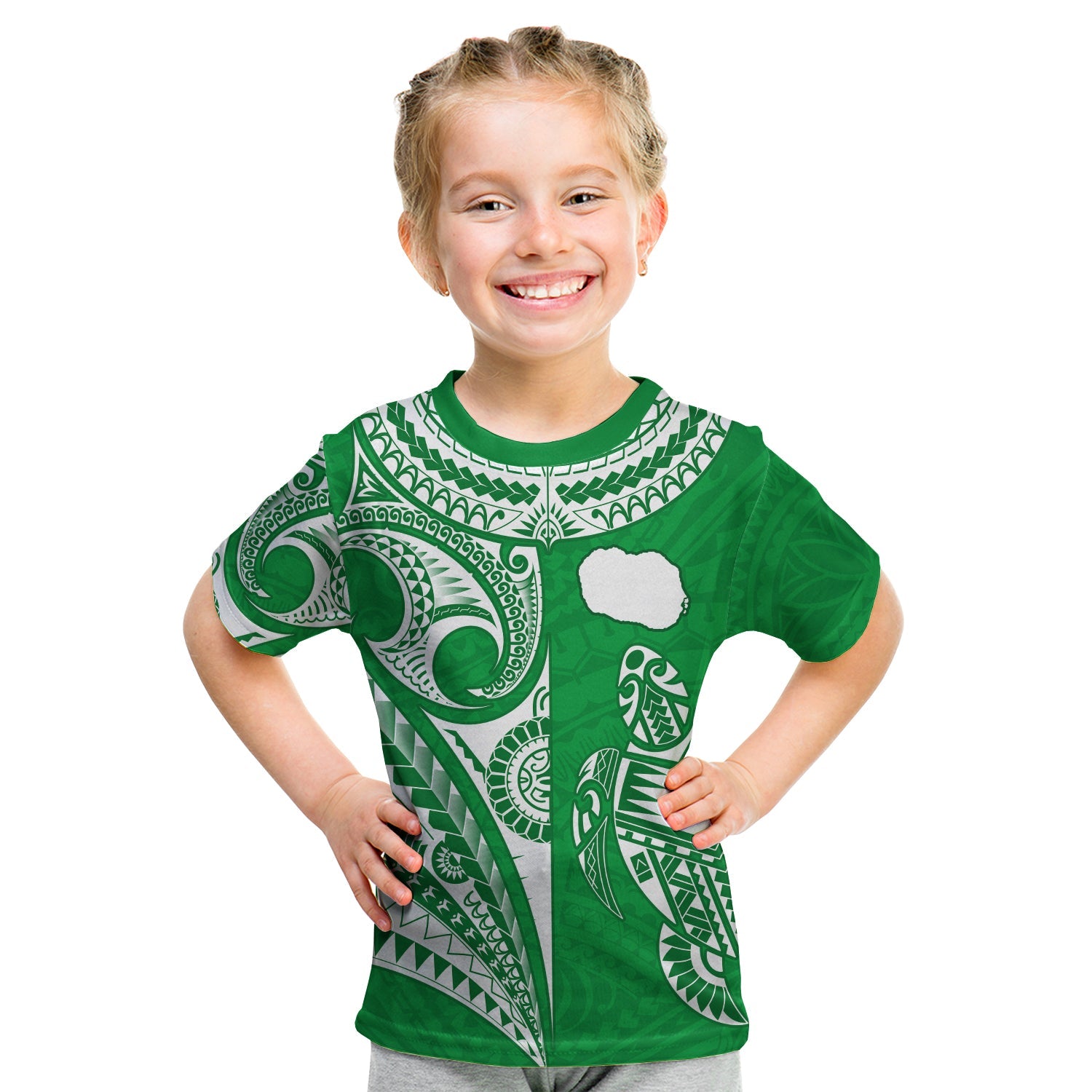 Rarotonga Cook Islands T Shirt KID Turtle and Map Style Green LT13 - Polynesian Pride