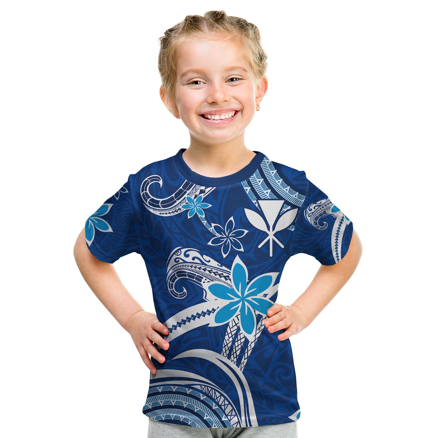 (Custom Personalised) Hawaii Flowers Wave T Shirt KID Kanaka Maoli Blue Polynesian LT13 - Polynesian Pride